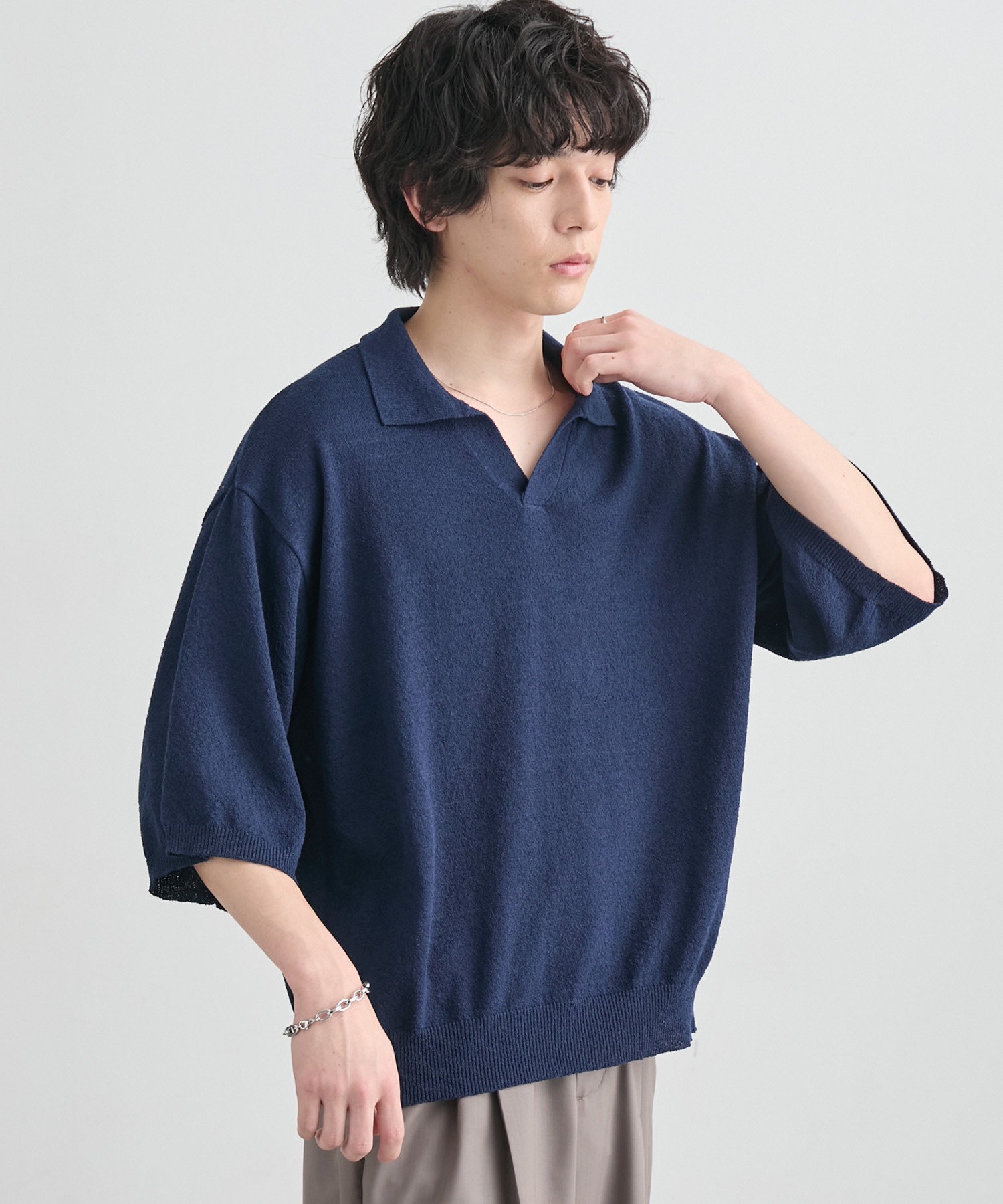 接触冷感/UVカット＞ルーズシルエット ショート丈 スキッパーブークレ