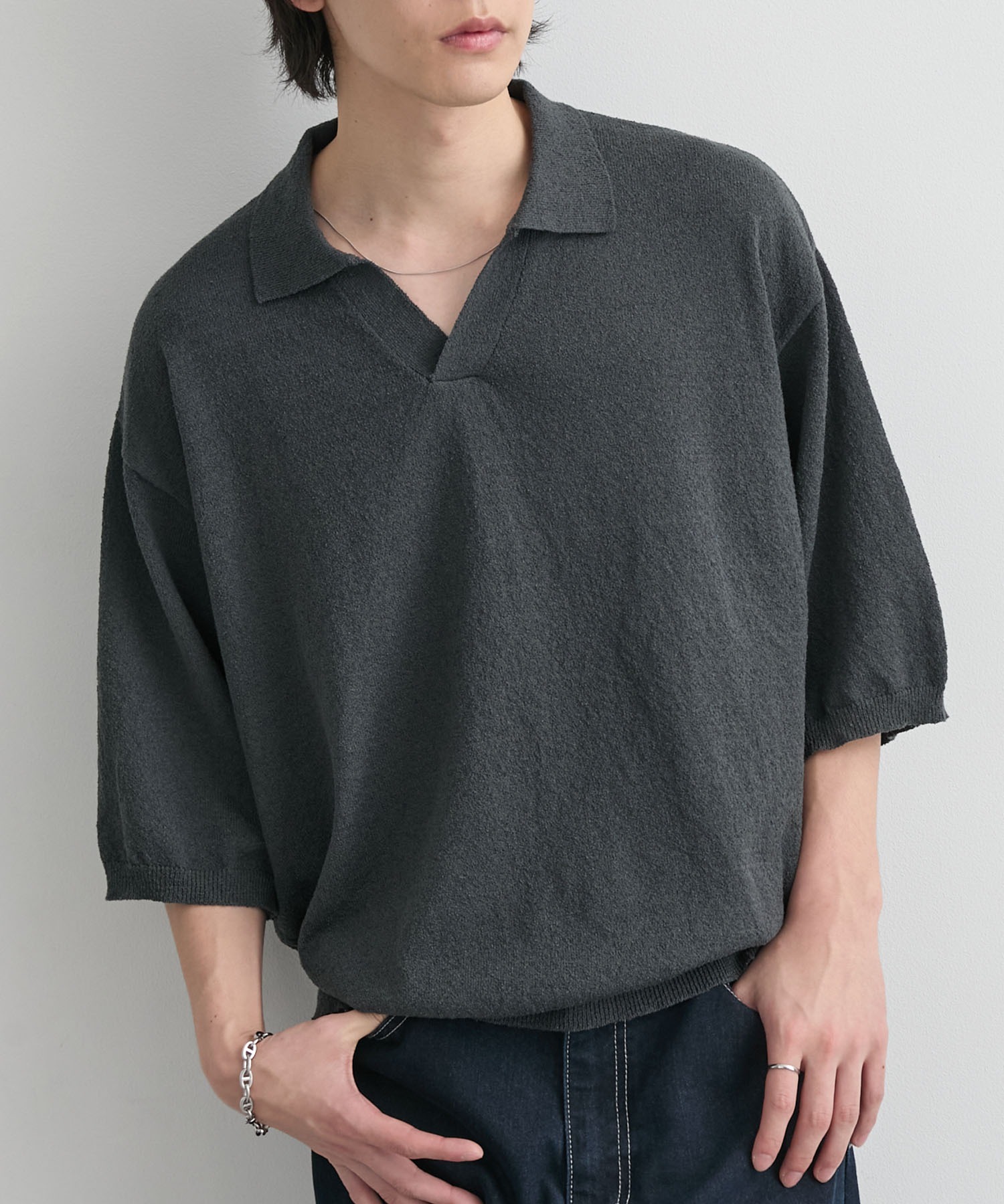 接触冷感/UVカット＞ルーズシルエット ショート丈 スキッパーブークレ