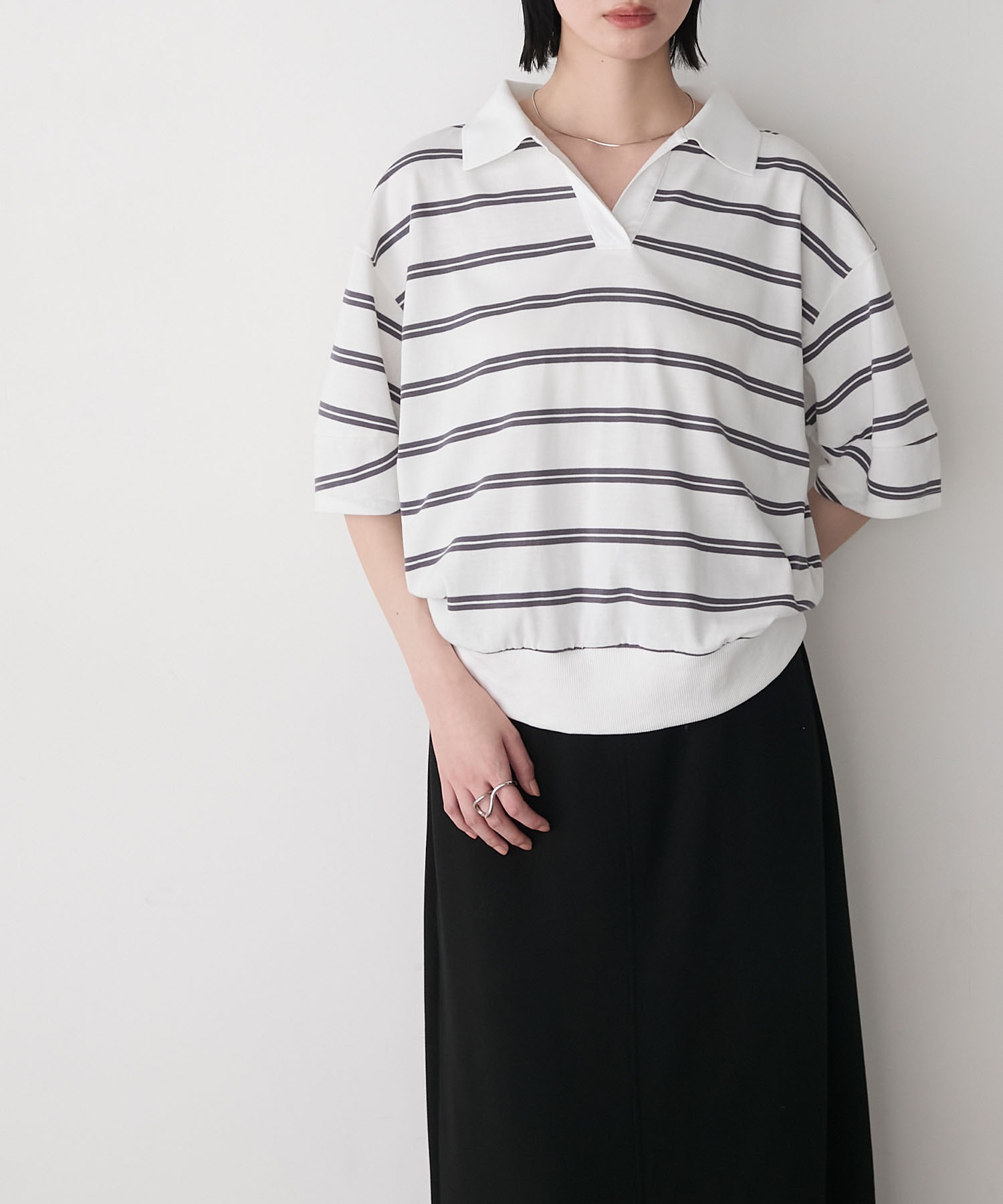 forksy.】 ボーダー柄 スキッパー 半袖 ラガーシャツ forksy