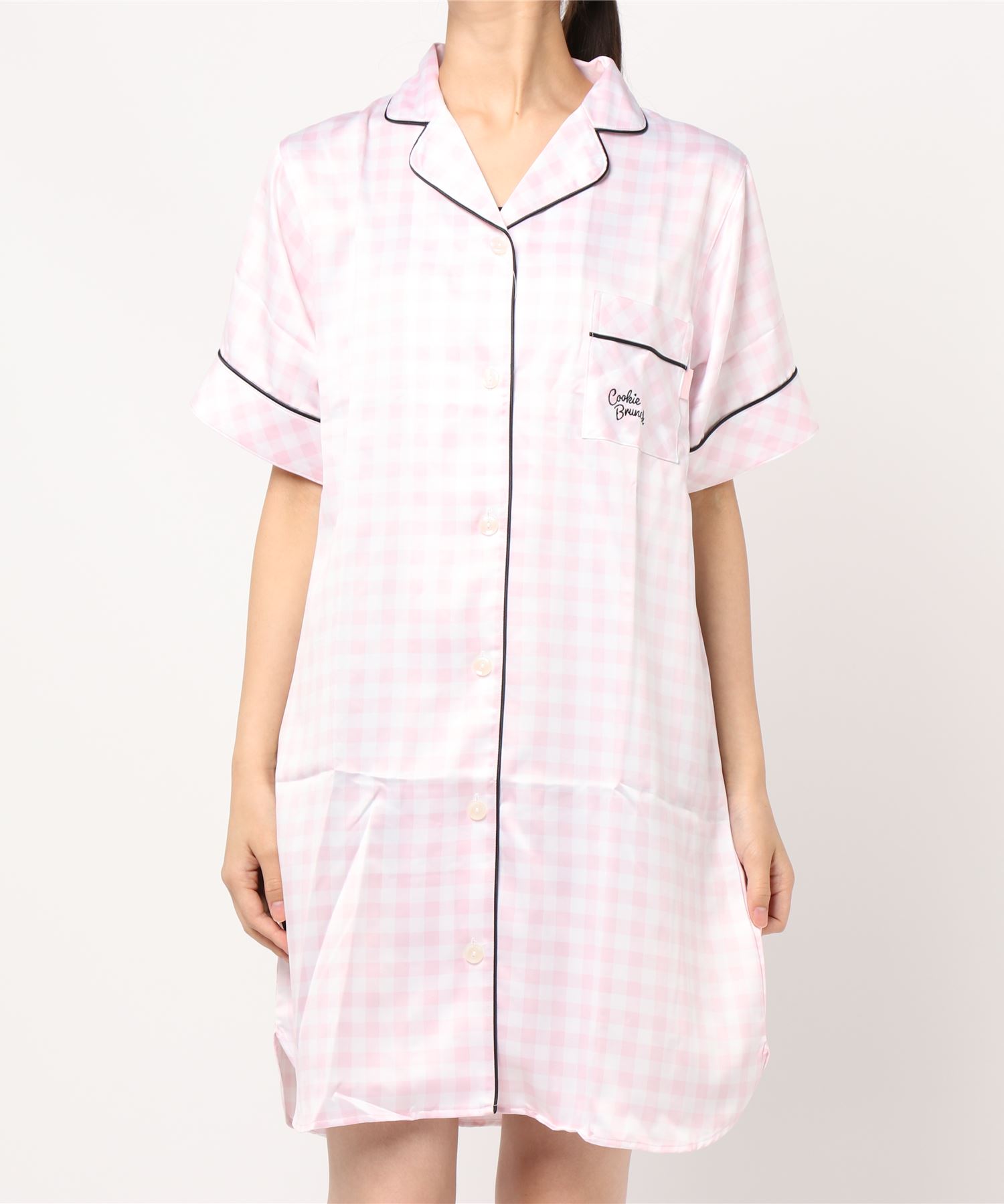 Cookie Brunch ギンガムチェック柄 サテン刺繍半袖シャツワンピース