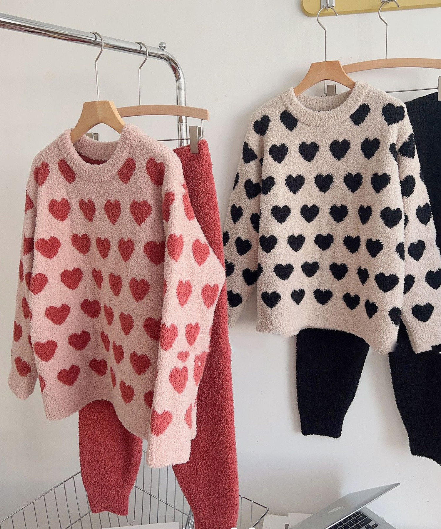 2点セット　秋冬もこもこ長袖＆ロングパンツ　柄ルームウェア