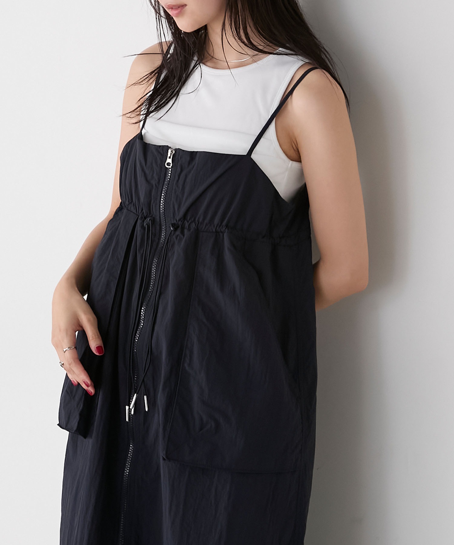 forksy.】ナイロン ウエストドロスト ビッグポケット キャミワンピース