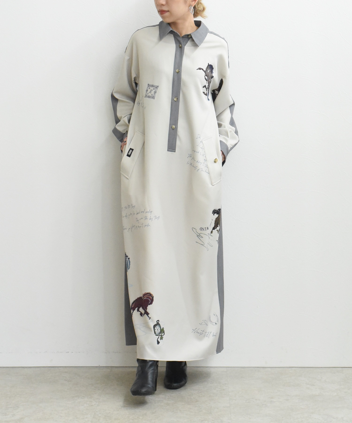 Eimee Law テキスト馬柄ptベルテッドシャツワンピース テキスト馬柄ptベルテッドシャツワンピース Eimee Law│Eimee Law