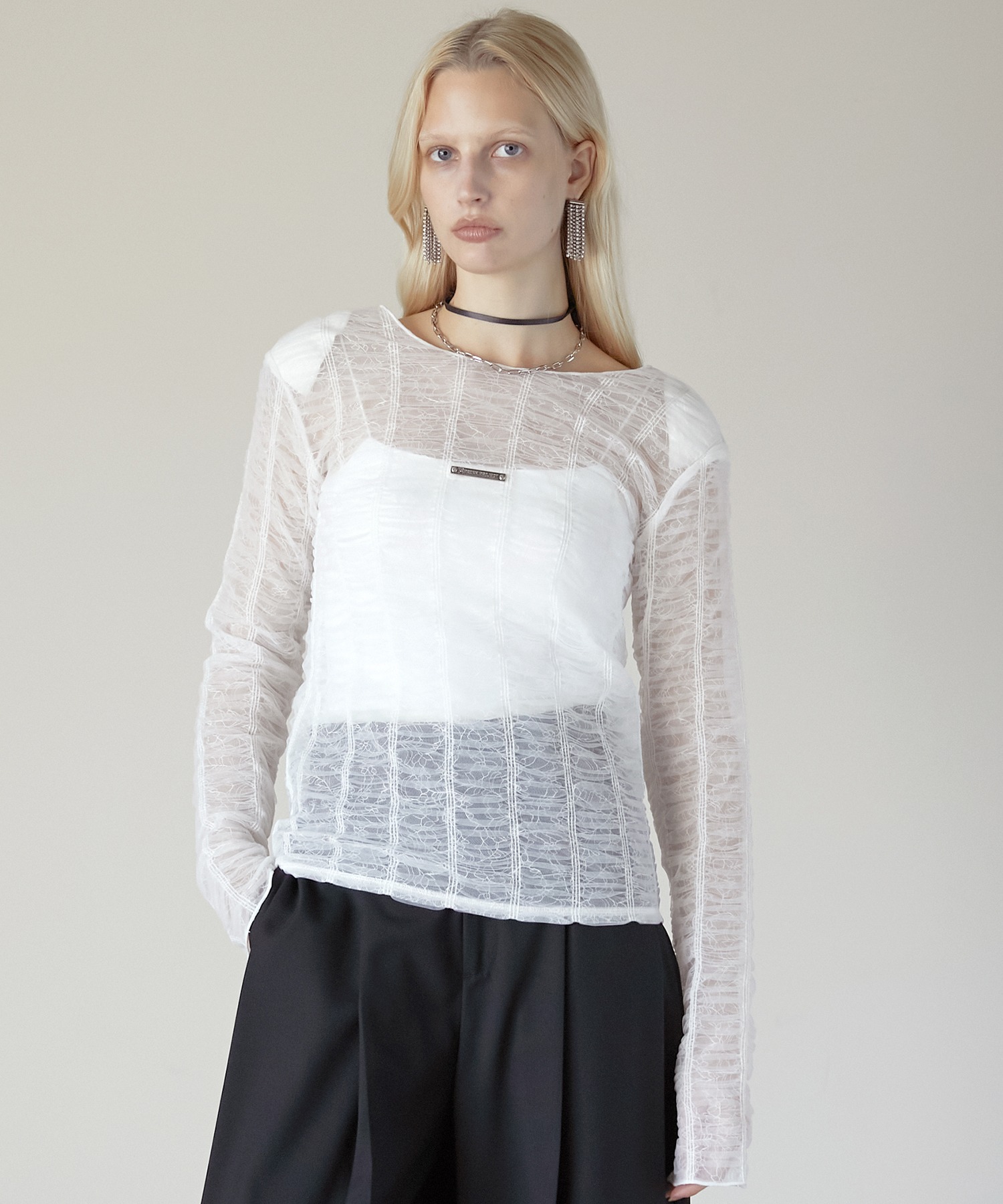 シャーリングレイヤードチュールトップ / Shirring Layered Tulle Top