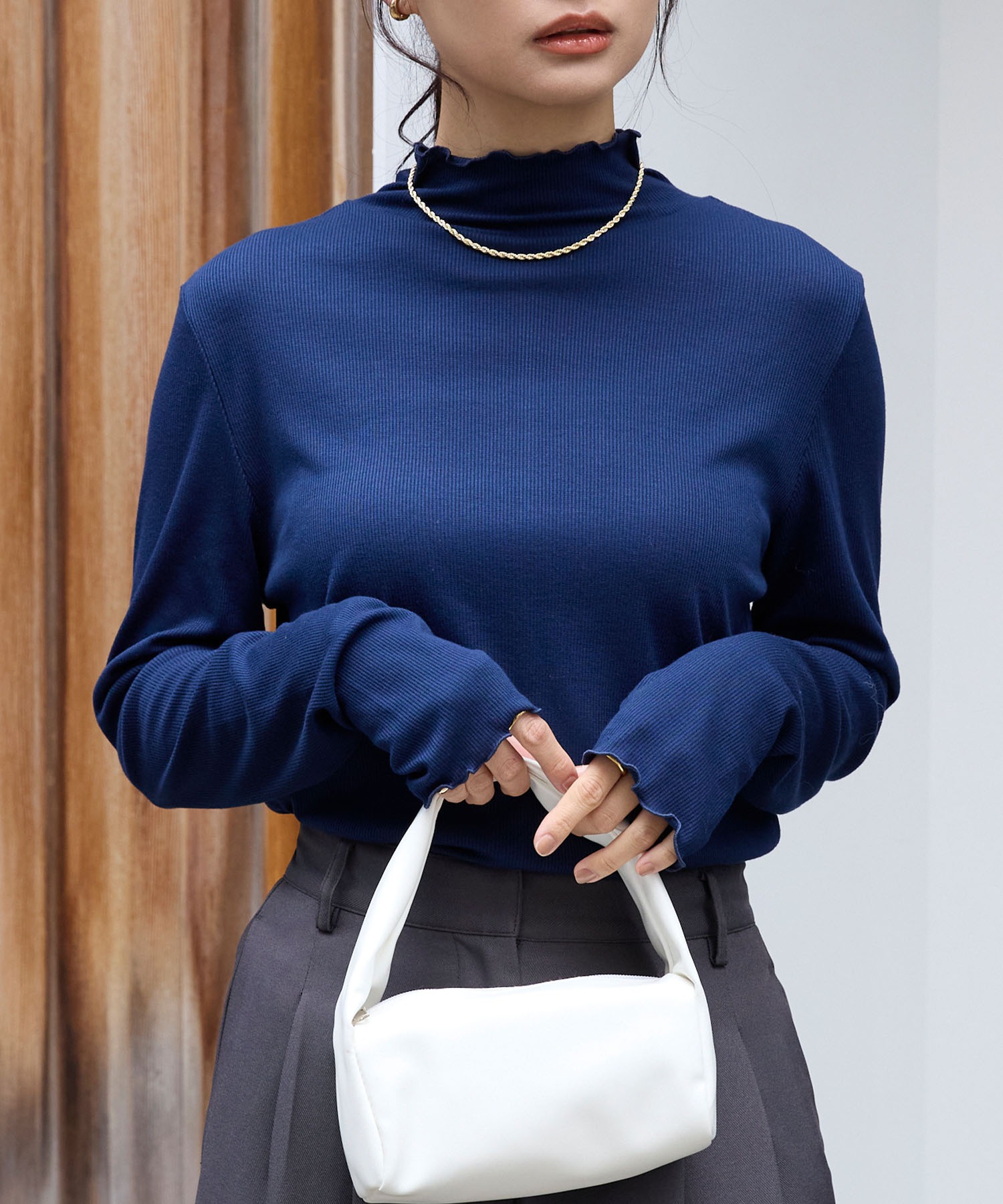 吸湿発熱＞メローリブ サムホール ハイネック カットソー MONO-MART