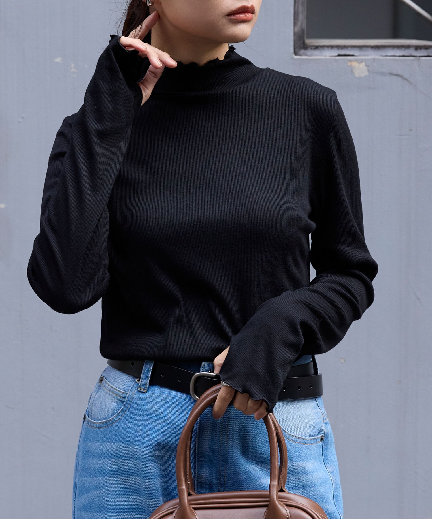 吸湿発熱＞メローリブ サムホール ハイネック カットソー MONO-MART