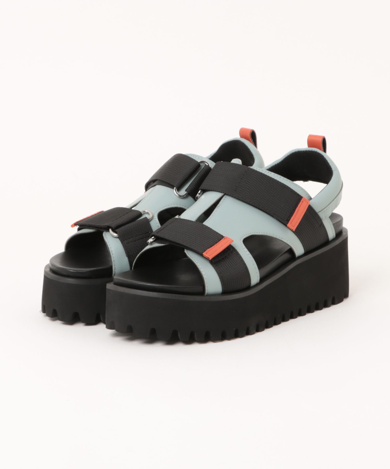 本革/厚底/6cm】キャタピラーソール ベルクロサンダル ALL BLACK