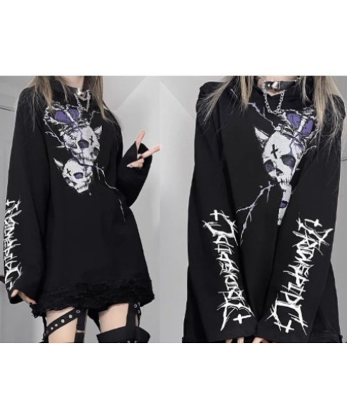 Blood Storm カットソー Y2K スカル 十字架 レース ファスナー No Boundaries Skull Cross Wing Grunge Cyber Y2K Thermal