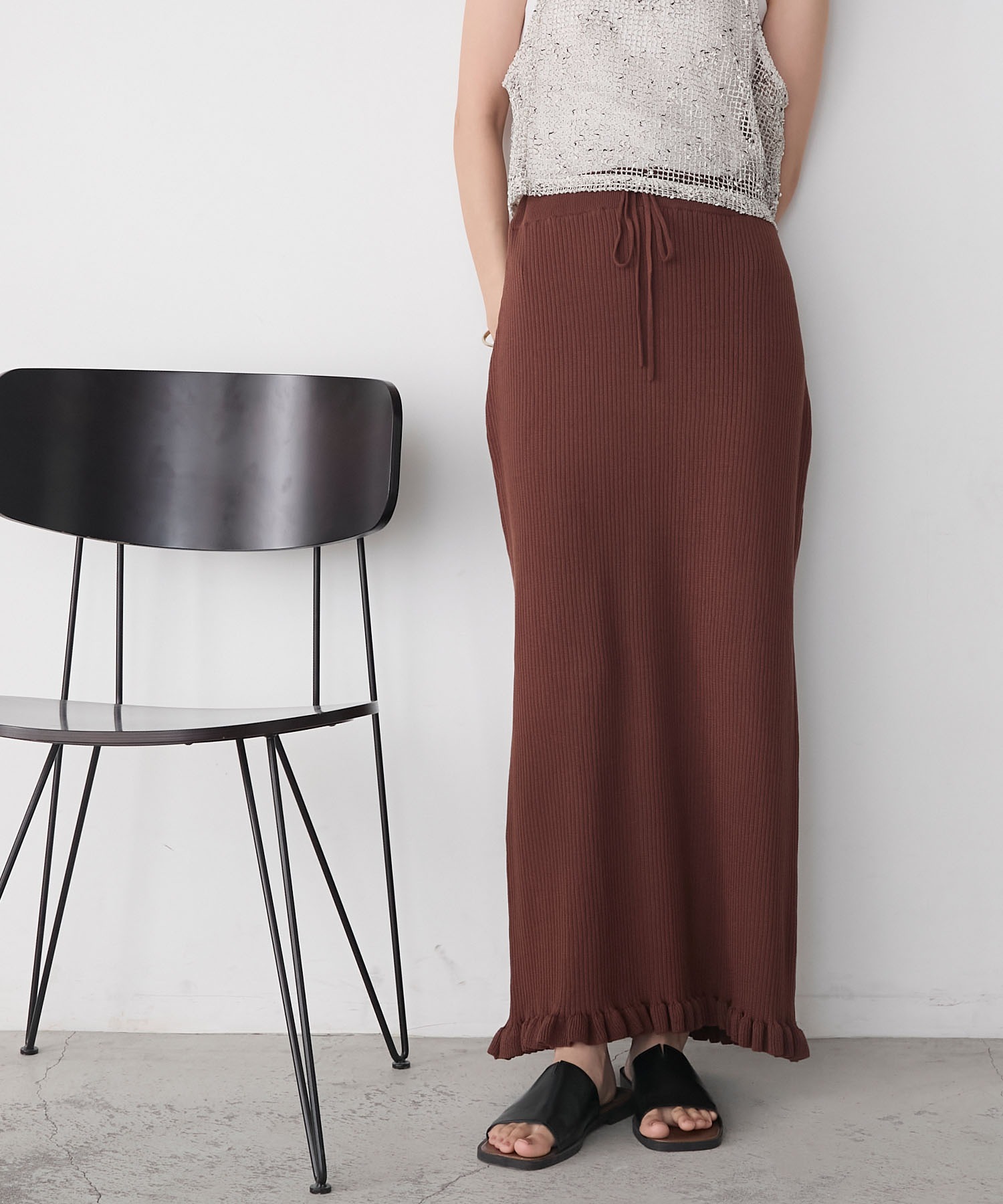 ✨美品✨マガリ ストライプリネン ファーマースカート ウエストリボン タック F ✨美品✨マガリ ストライプリネン ファーマースカート ウエストリボン