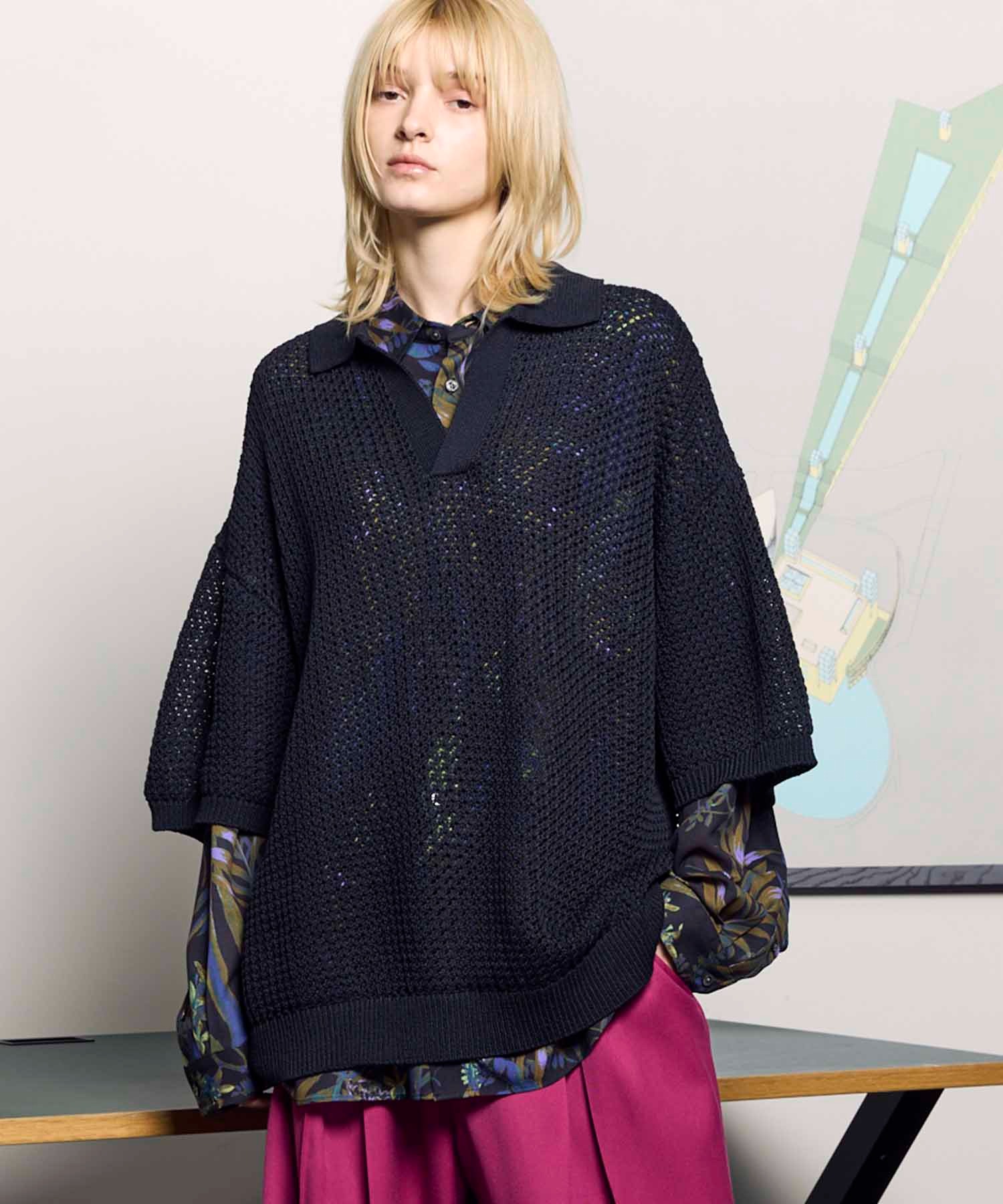 UNISEX》Prime-Over Mesh Short Sleeve Skipper Knit Pullover