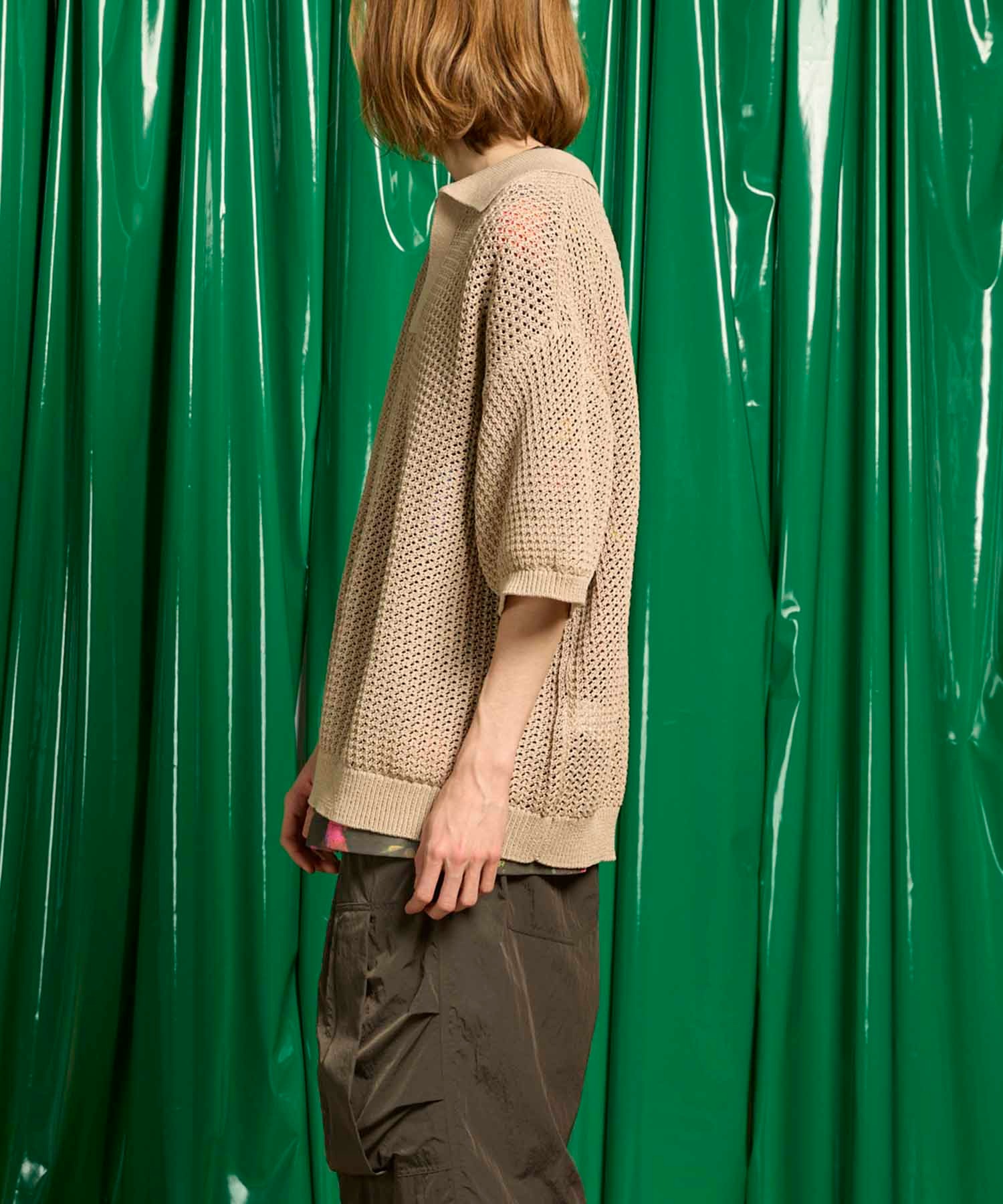 UNISEX》Prime-Over Mesh Short Sleeve Skipper Knit Pullover