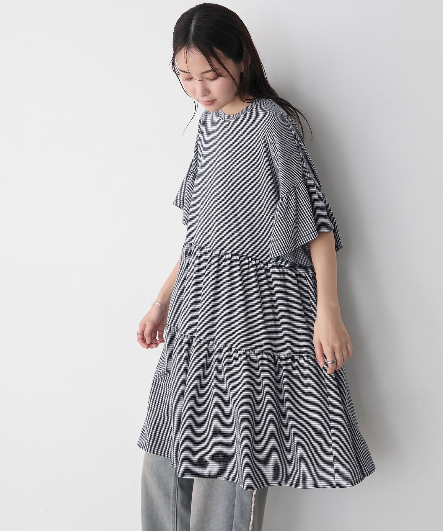 forksy.】細ピッチボーダー ティアード 半袖チュニックTシャツ