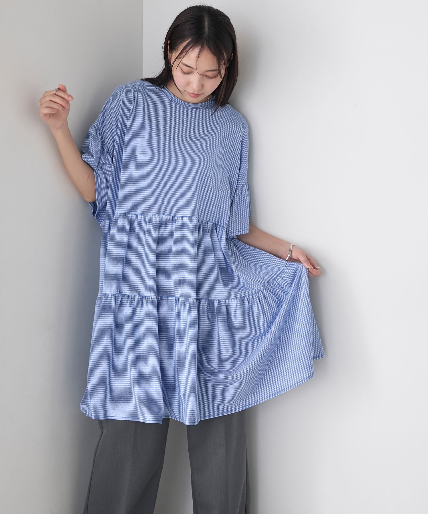 半袖チュニック forksy.】細ピッチボーダー ティアード 半袖チュニックTシャツ