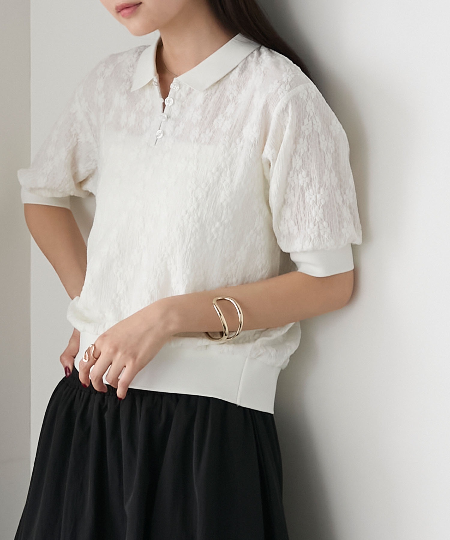 Fleurページ forksy.】レースフラワージャガード 半袖ポロシャツ forksy