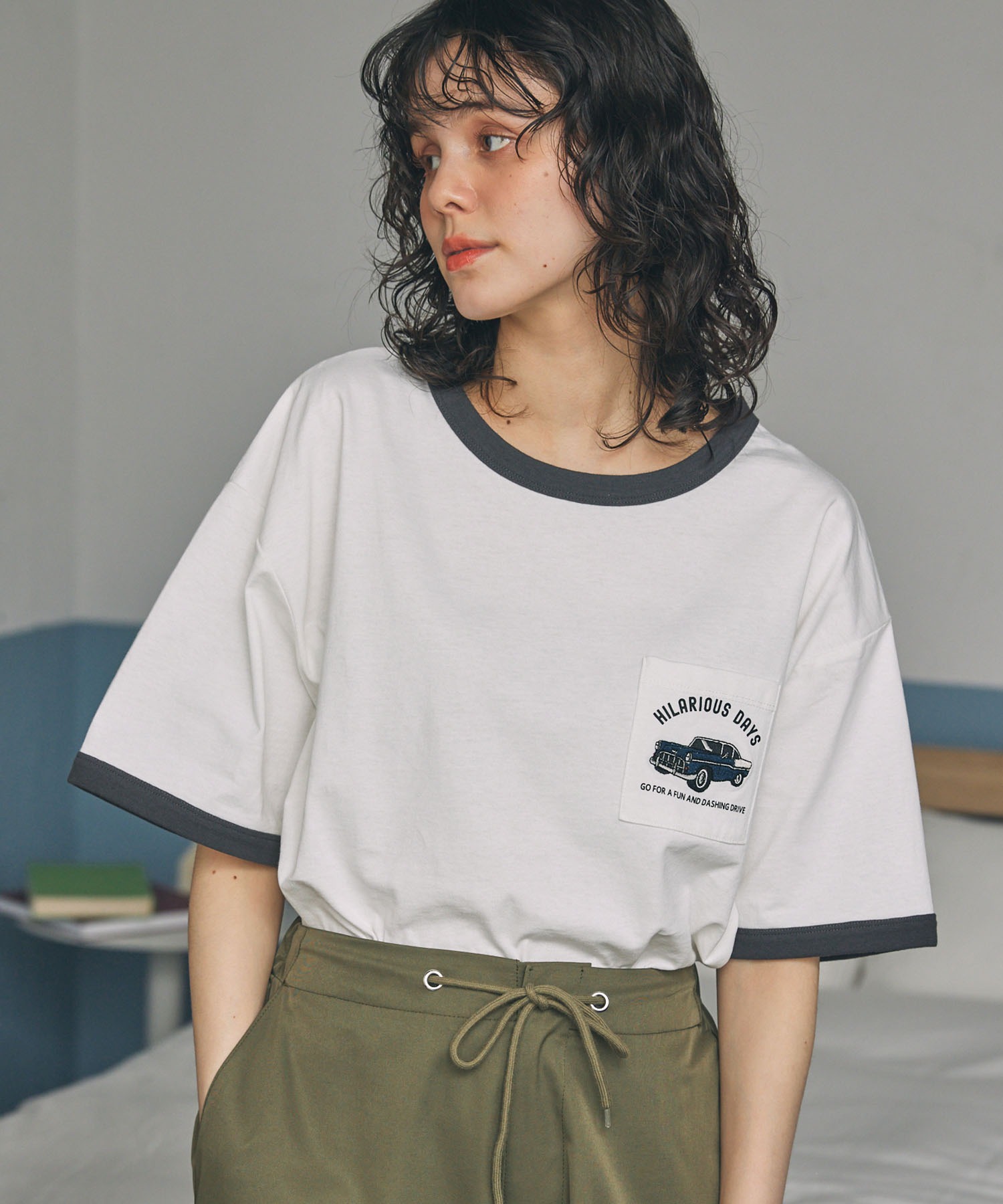 CAR刺繍 ポケット付き リンガー 半袖Tシャツ MONO-MART LADY'S
