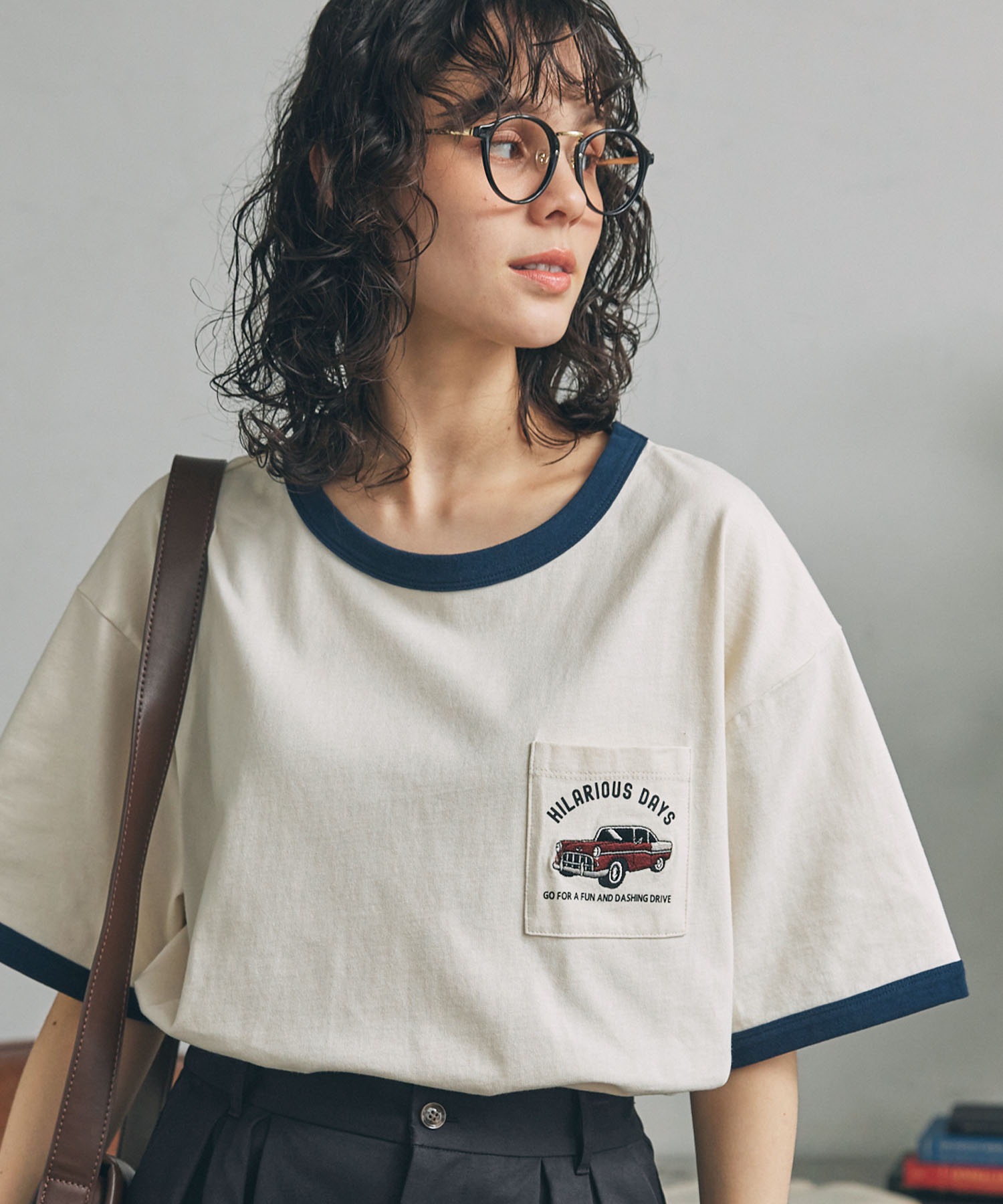 CAR刺繍 ポケット付き リンガー 半袖Tシャツ MONO-MART LADY'S