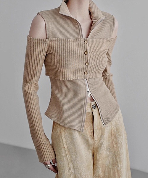 CHENTAITAI】 レイヤードオフショルジップニット CTW25a011