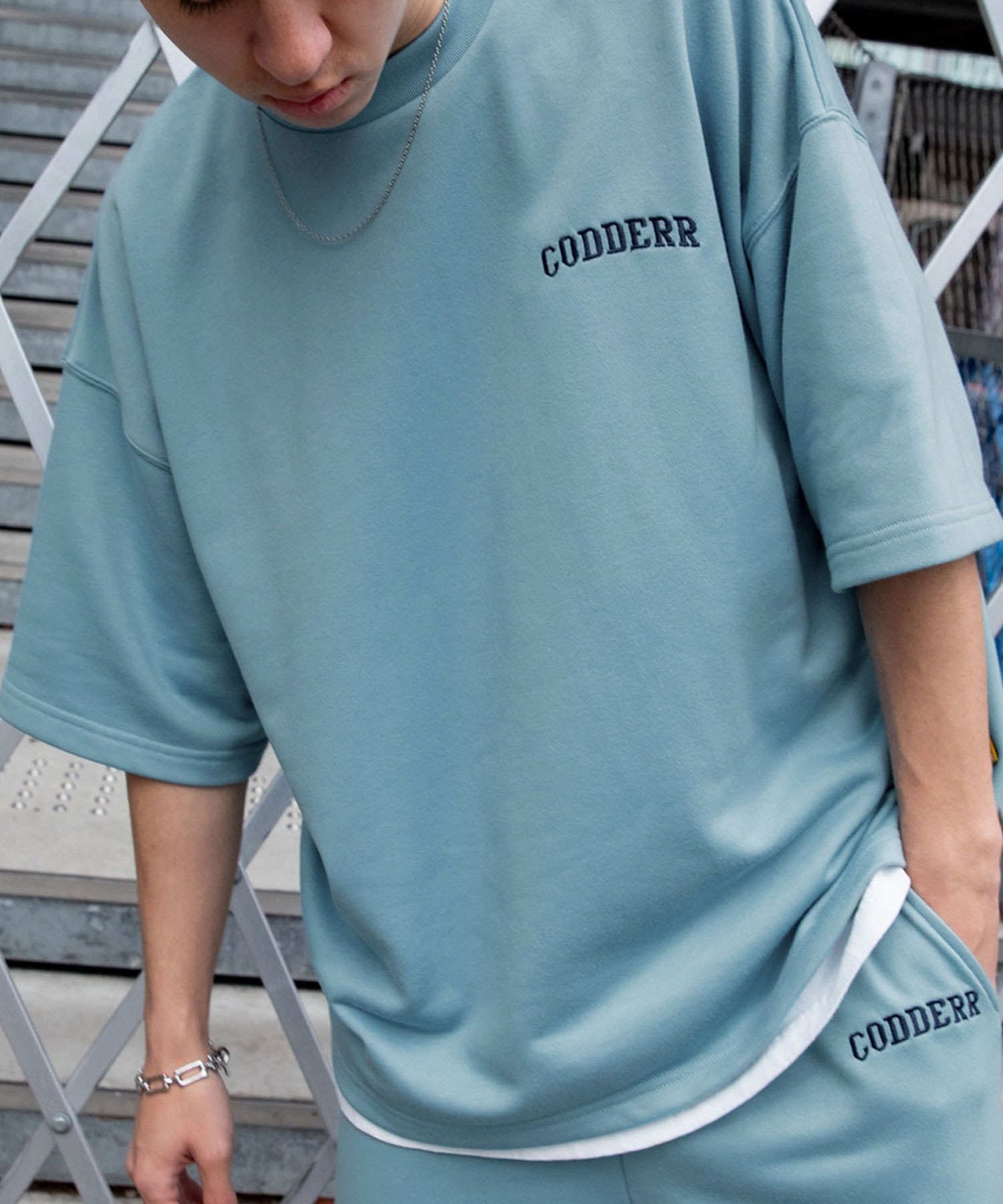 【CODDERR】アーチロゴ刺繍 サマー裏毛スウェットセットアップ/ビッグシルエット半袖 スウェット＆スウェットワイドハーフショーツ