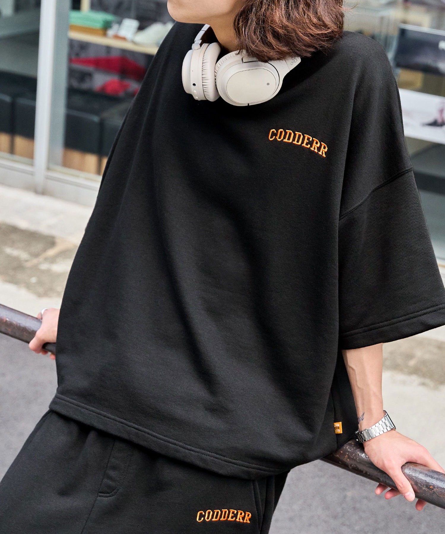 【CODDERR】アーチロゴ刺繍 サマー裏毛スウェットセットアップ/ビッグシルエット半袖 スウェット＆スウェットワイドハーフショーツ