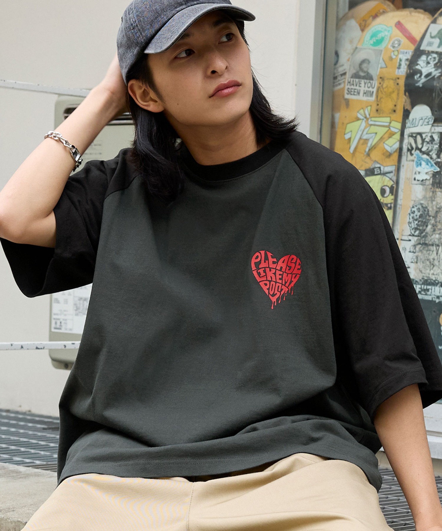 オーバーサイズグラフィックラグラン半袖Tシャツ/STAR&HEART MONO-MART 