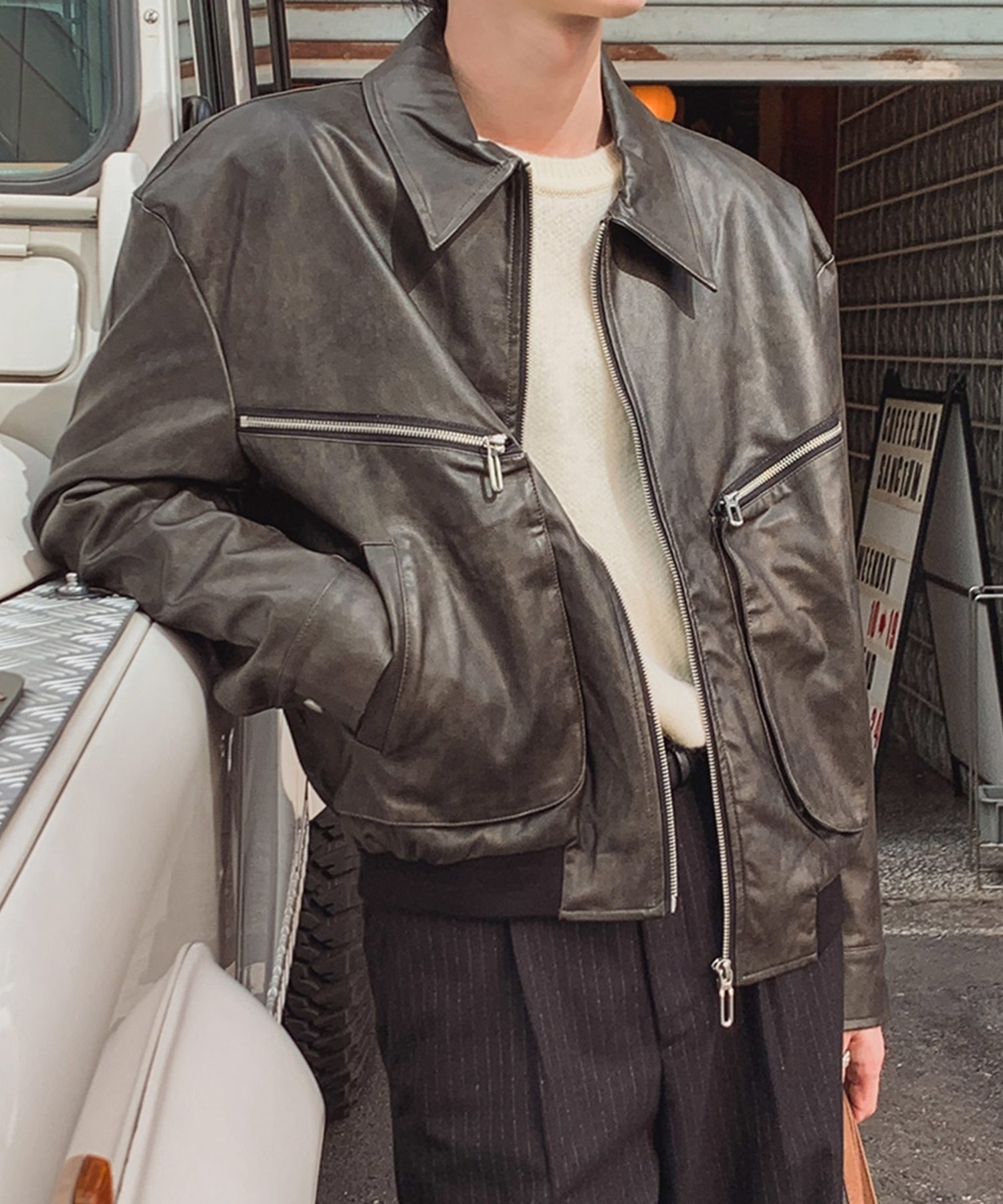 A'GEM/9 × .kom 『BENUSTA /ベヌスタ』Zip Design Faux Leather Jacket