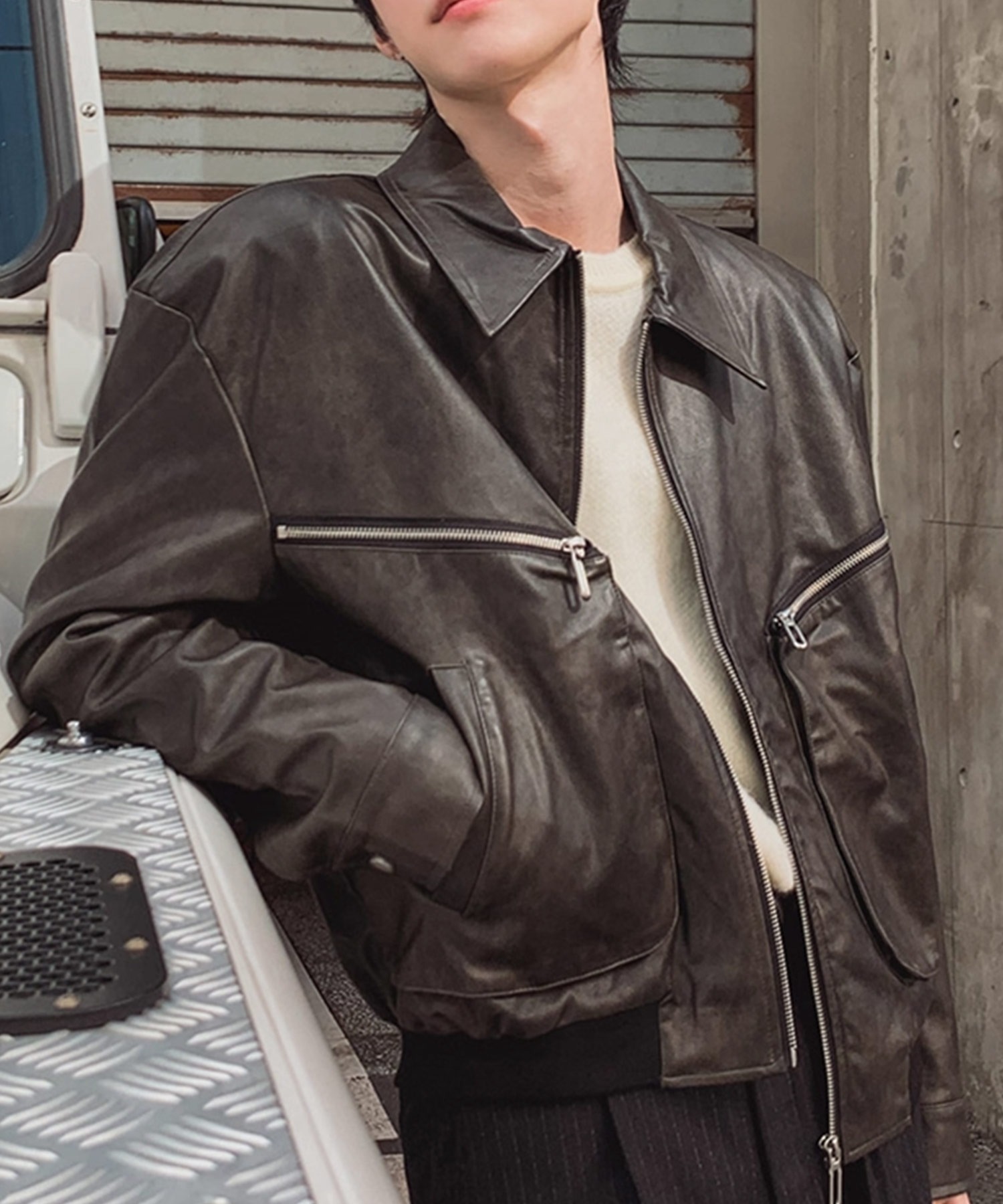 A'GEM/9 × .kom 『BENUSTA /ベヌスタ』Zip Design Faux Leather Jacket