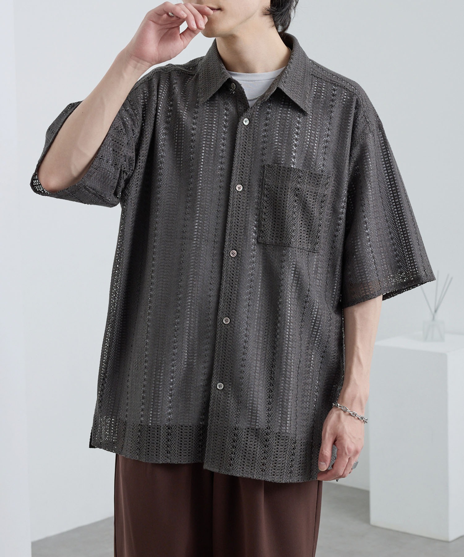 ERMANNO SCERINO美品✨ レース黒半袖Tシャツ SERACE】Oversize open collar short sleeve lace shirt / オーバー