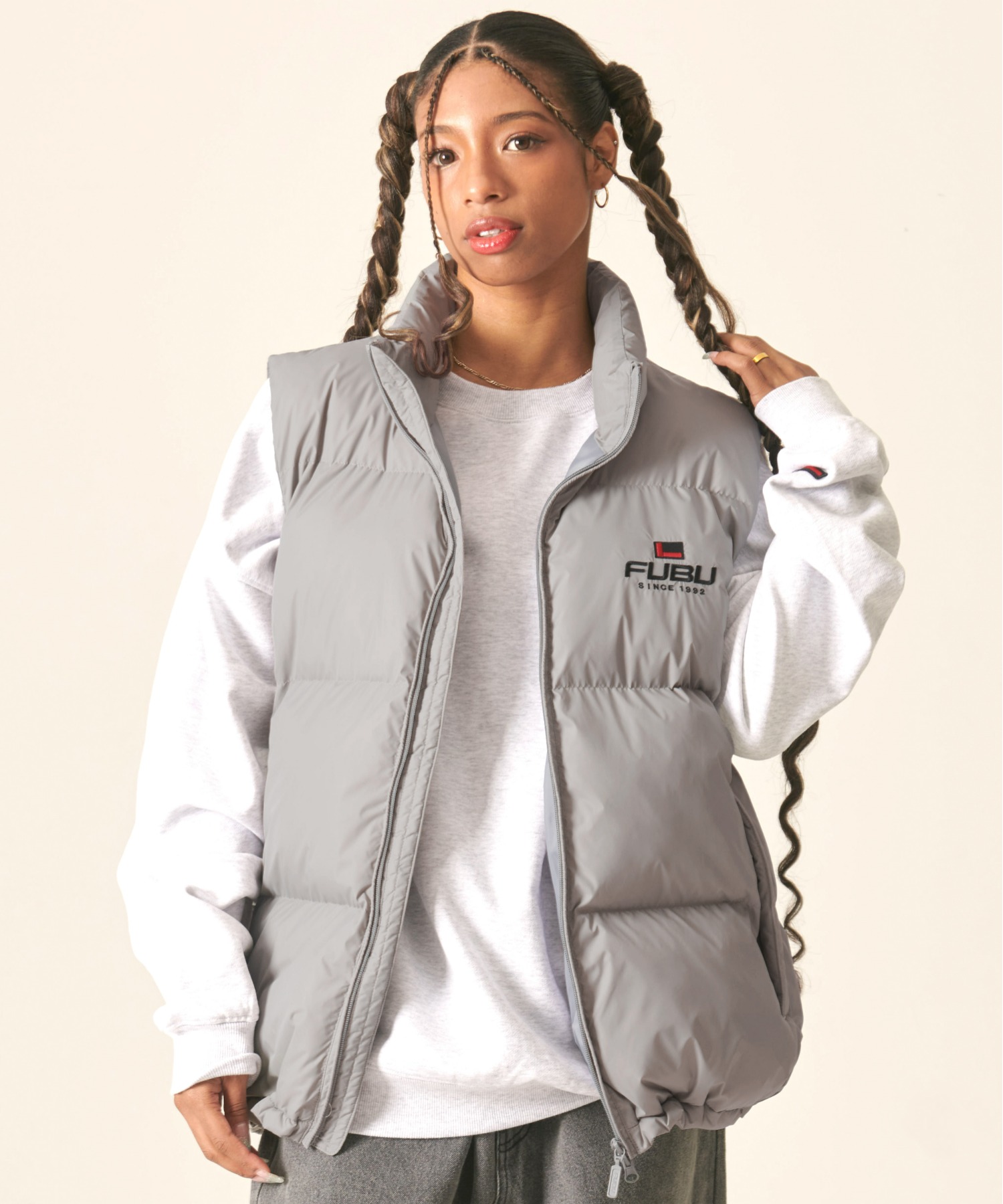 FUBU フブ ブランド ロゴ 刺繍 ドローコード付き 中綿入り アメカジ オーバーサイズ ナイロンベスト ダウンベスト