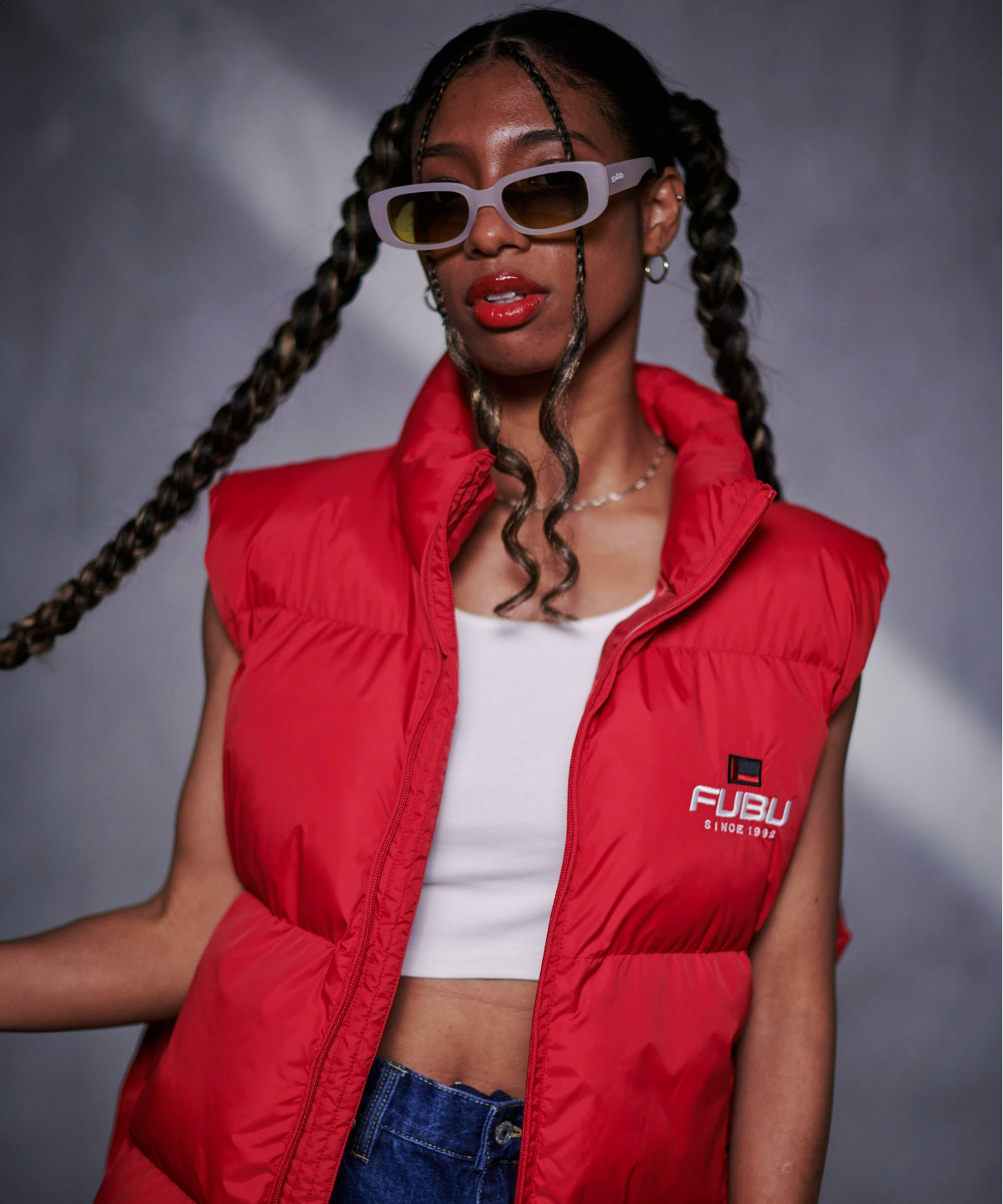 FUBU フブ ブランド ロゴ 刺繍 ドローコード付き 中綿入り アメカジ オーバーサイズ ナイロンベスト ダウンベスト