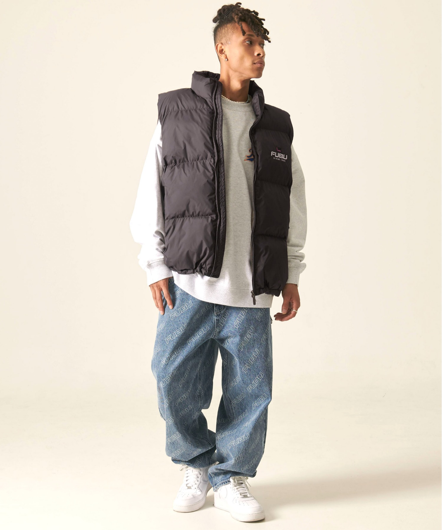 FUBU フブ ブランド ロゴ 刺繍 ドローコード付き 中綿入り アメカジ オーバーサイズ ナイロンベスト ダウンベスト