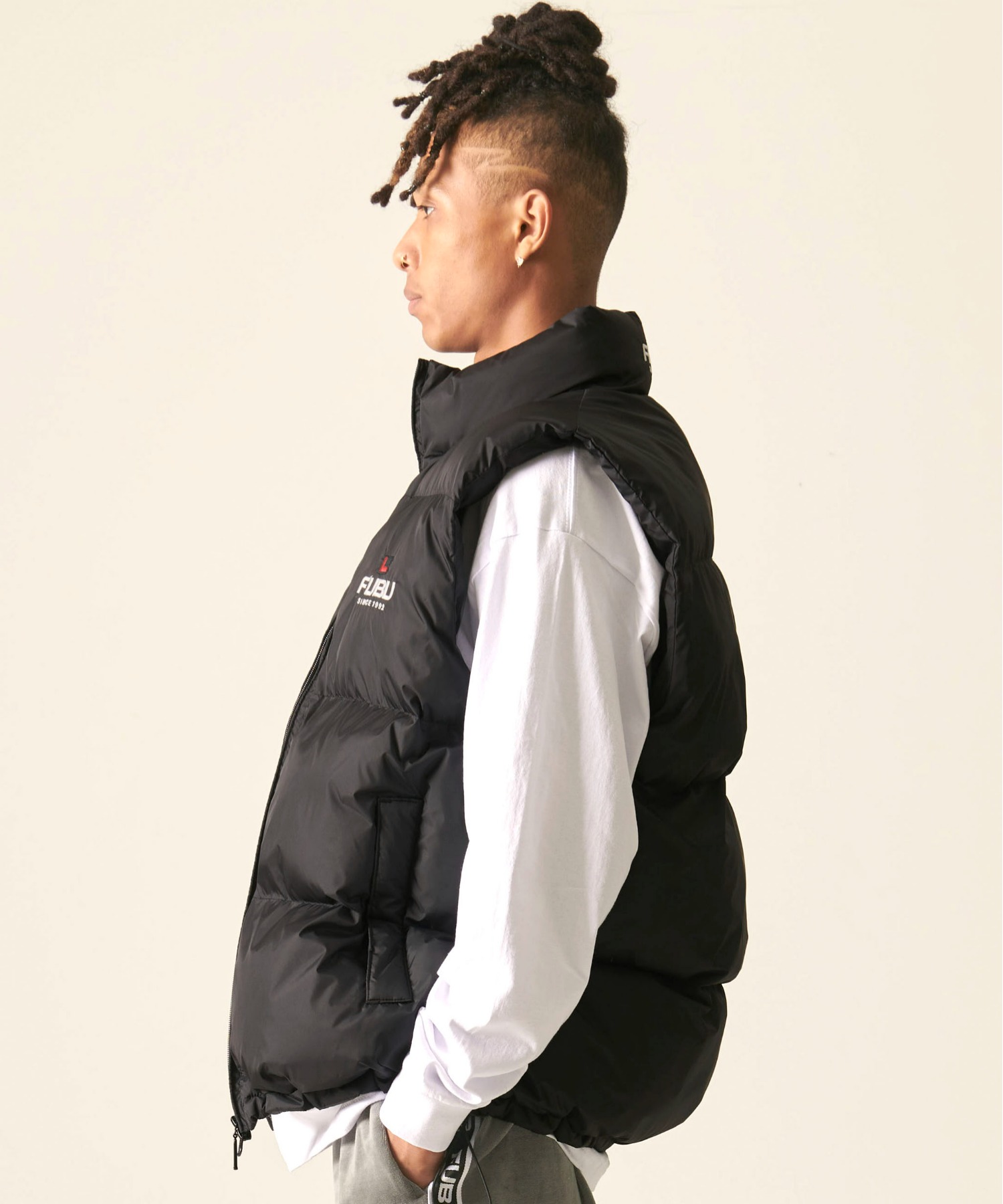 FUBU フブ ブランド ロゴ 刺繍 ドローコード付き 中綿入り アメカジ オーバーサイズ ナイロンベスト ダウンベスト