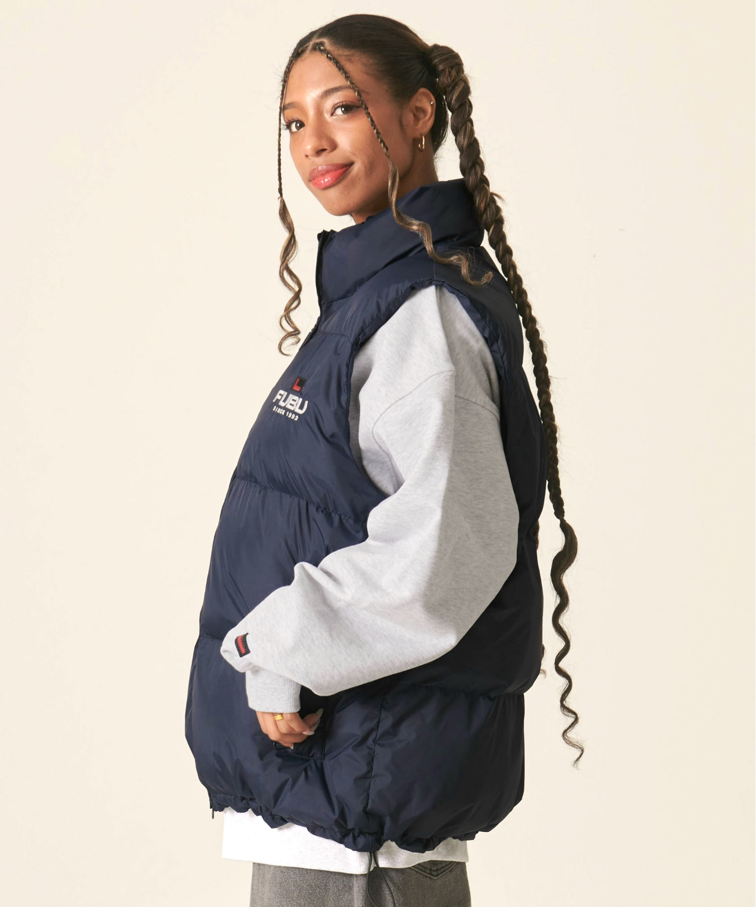 FUBU フブ ブランド ロゴ 刺繍 ドローコード付き 中綿入り アメカジ オーバーサイズ ナイロンベスト ダウンベスト