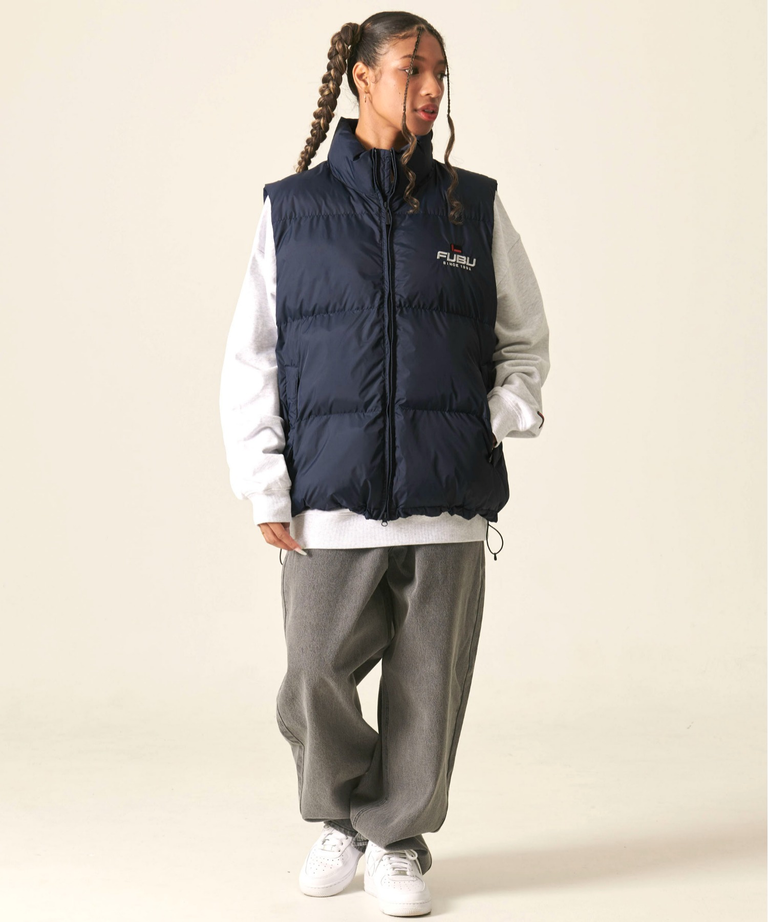 FUBU フブ ブランド ロゴ 刺繍 ドローコード付き 中綿入り アメカジ オーバーサイズ ナイロンベスト ダウンベスト