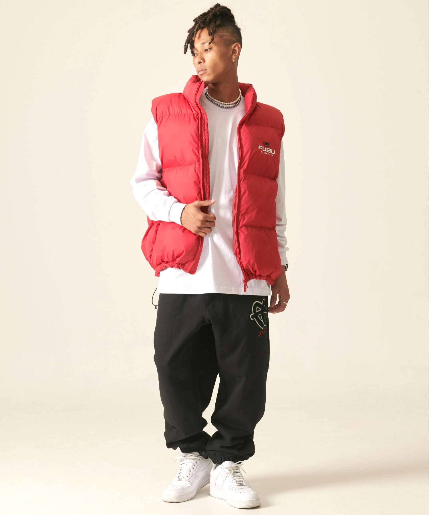 FUBU フブ ブランド ロゴ 刺繍 ドローコード付き 中綿入り アメカジ オーバーサイズ ナイロンベスト ダウンベスト