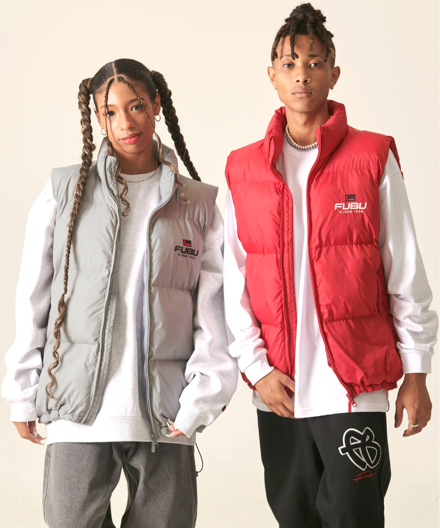 FUBU フブ ブランド ロゴ 刺繍 ドローコード付き 中綿入り アメカジ オーバーサイズ ナイロンベスト ダウンベスト