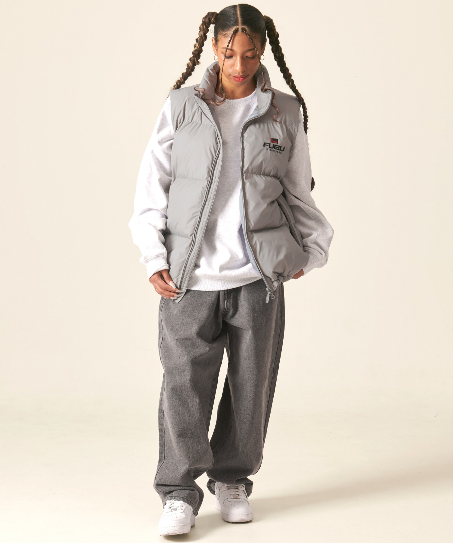 FUBU フブ ブランド ロゴ 刺繍 ドローコード付き 中綿入り アメカジ オーバーサイズ ナイロンベスト ダウンベスト