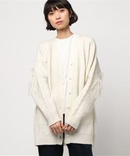 ケーブル箔 プリント ショールフリンジ カーディガン