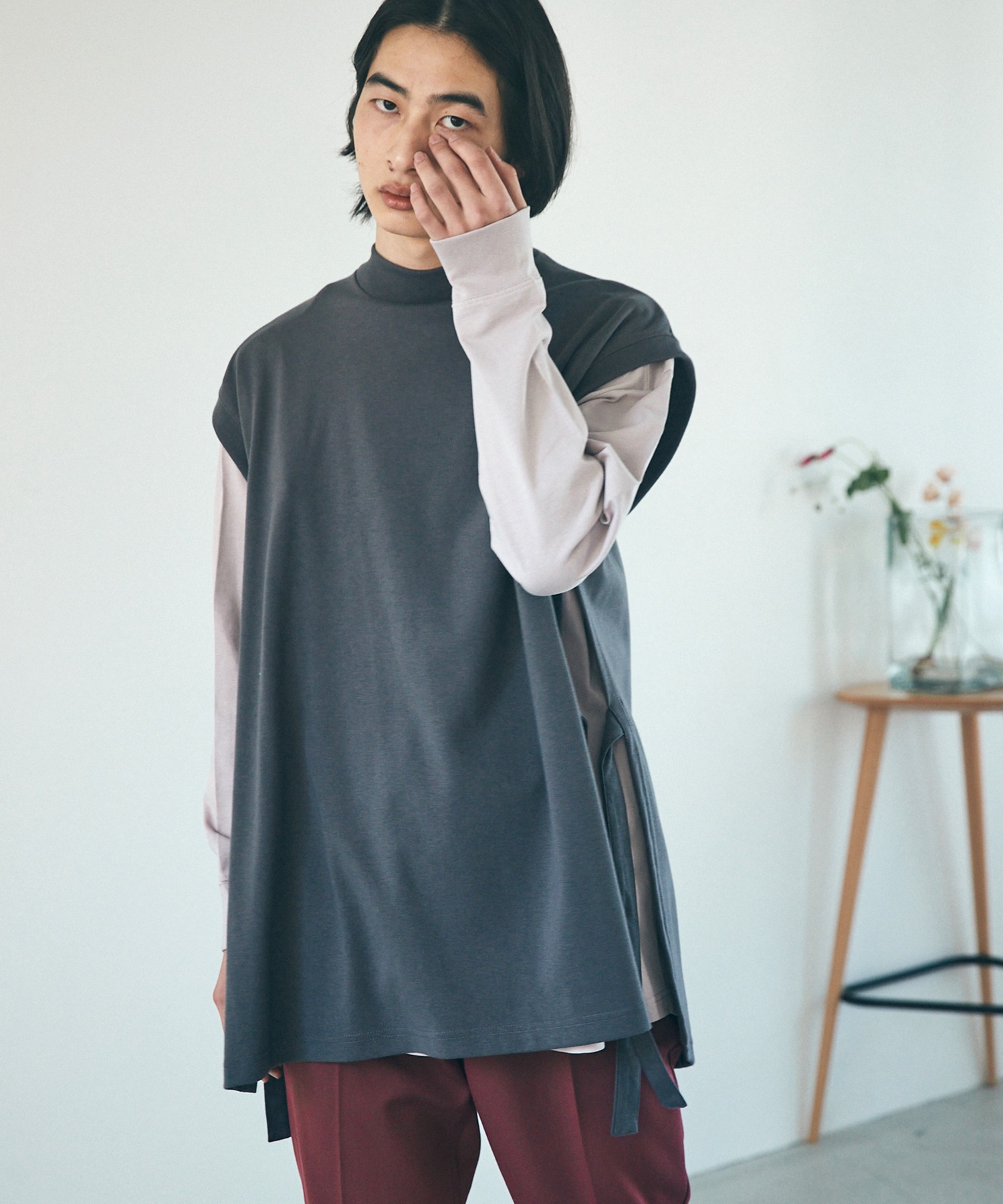 VEST＆L/S TEEセット】サイドスリットムスビ ポンチベスト＆シルケット