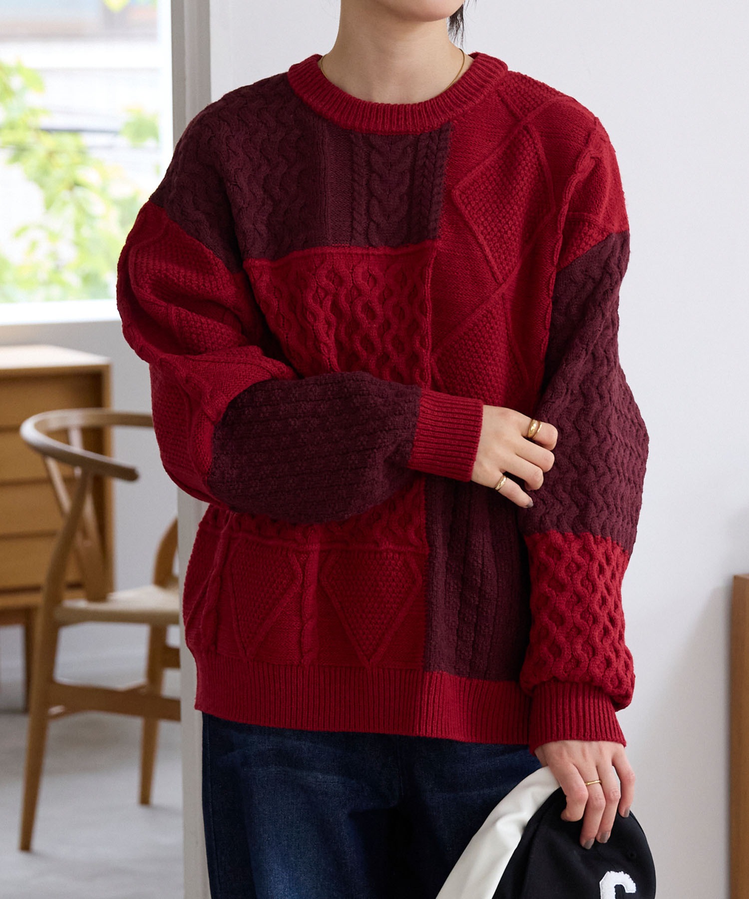 静電気防止〉ウォッシャブル ケーブル パッチワーク オーバーサイズ