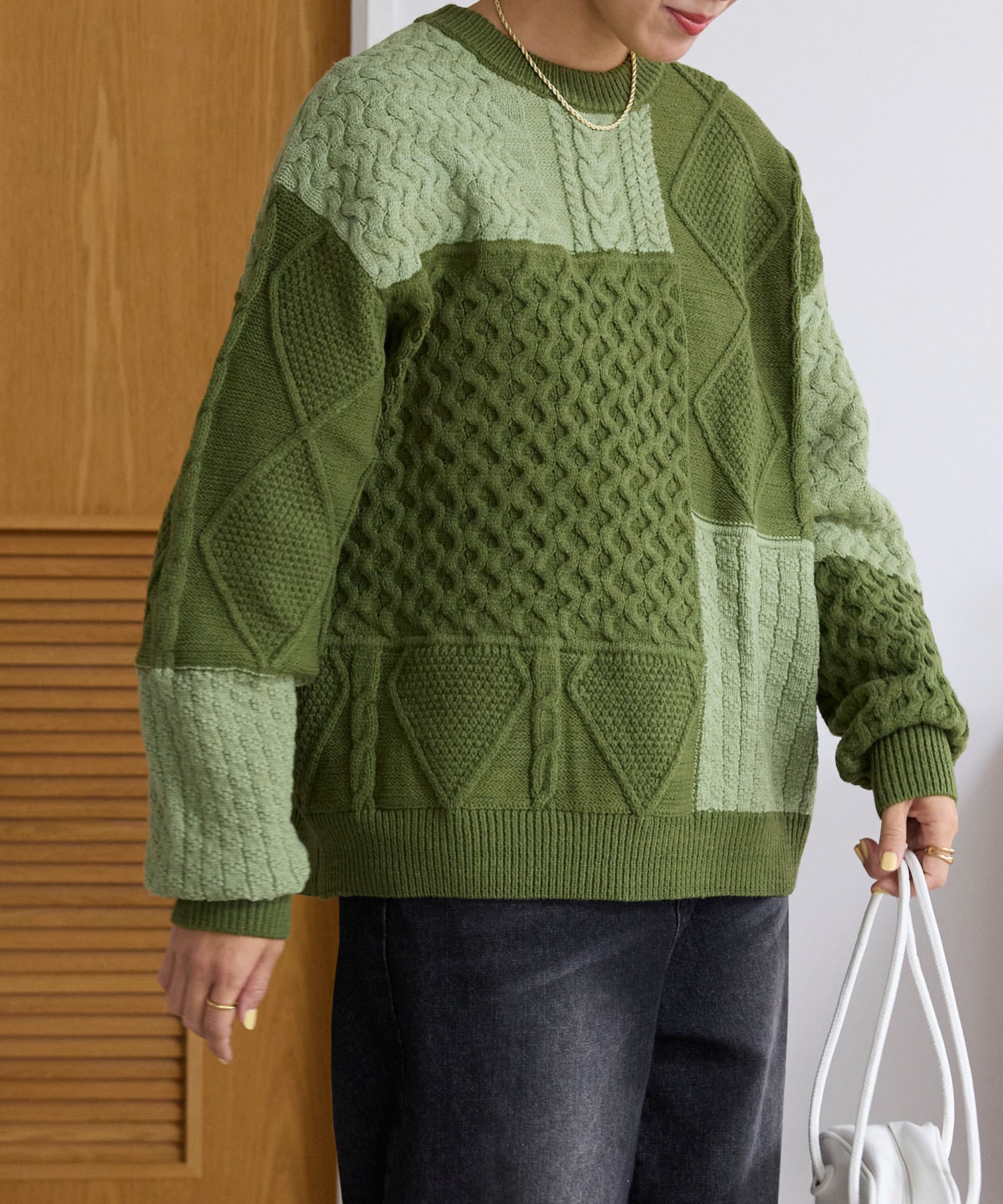 静電気防止〉ウォッシャブル ケーブル パッチワーク オーバーサイズ