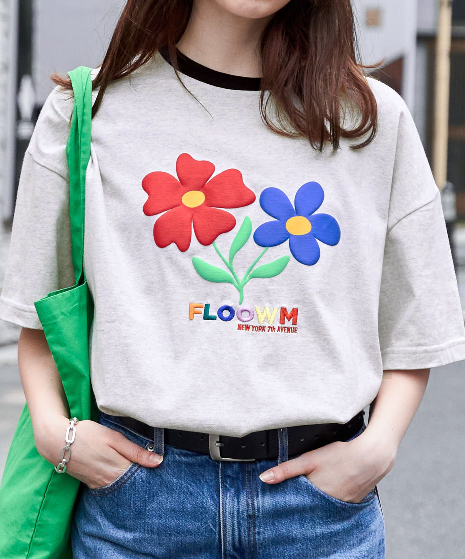 【FLOOWM】フラワーロゴ 発泡/刺繍コンビ ビッグシルエット半袖Tシャツ