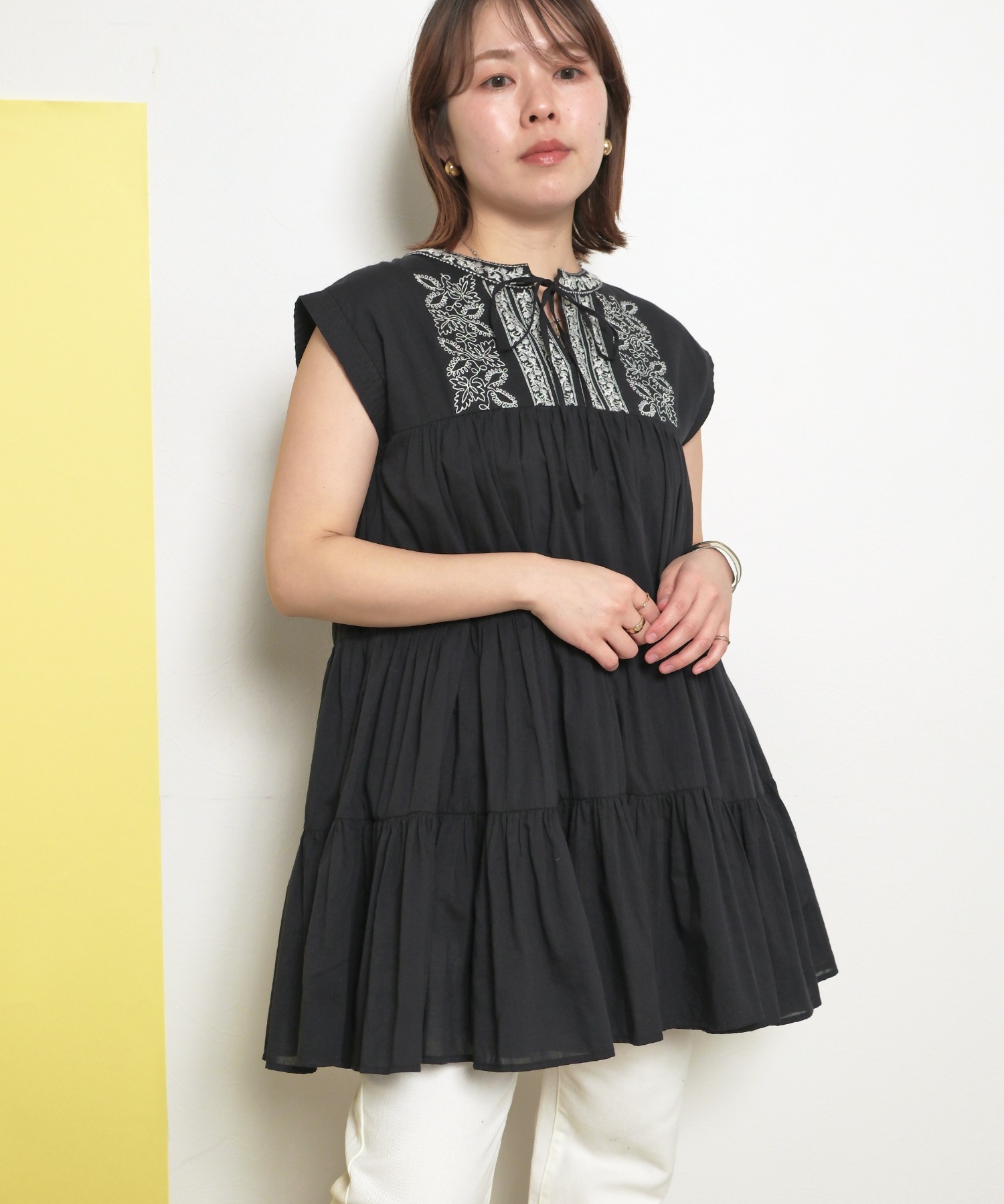 インド綿 刺繍チュニックトップス ティアード タッセル
