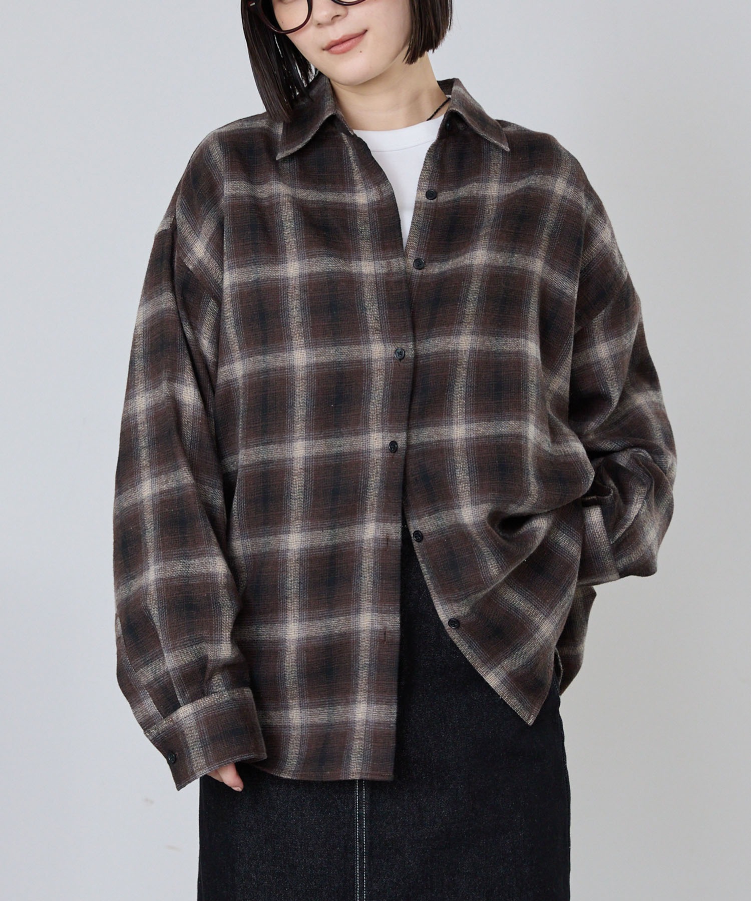 オンブレチェック オーバーサイズレギュラーカラーシャツ MONO-MART