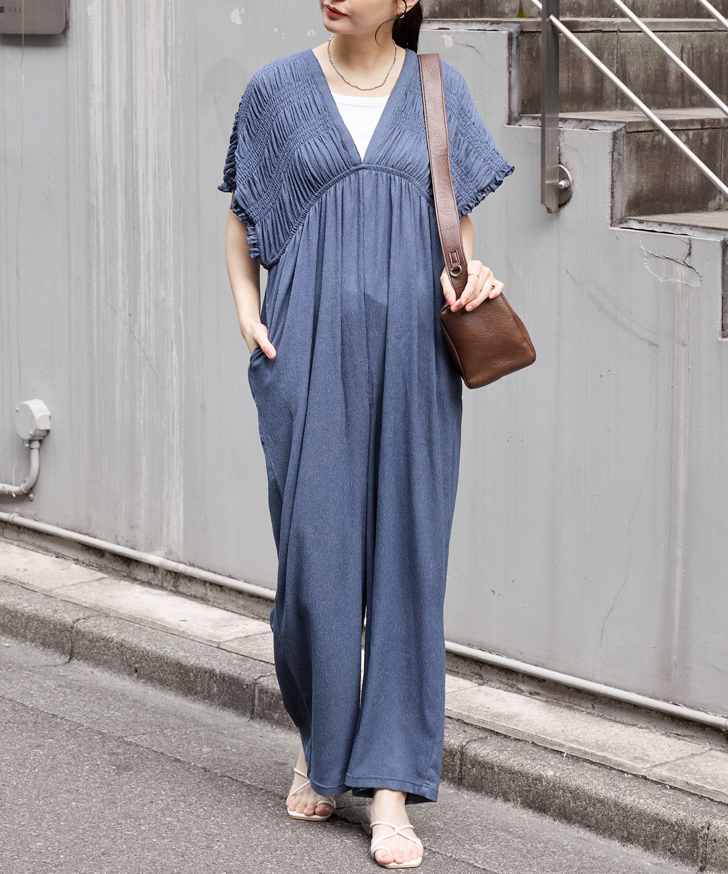 AIRY DAYシリーズ】シャーリング フリル カット楊柳 オールインワン