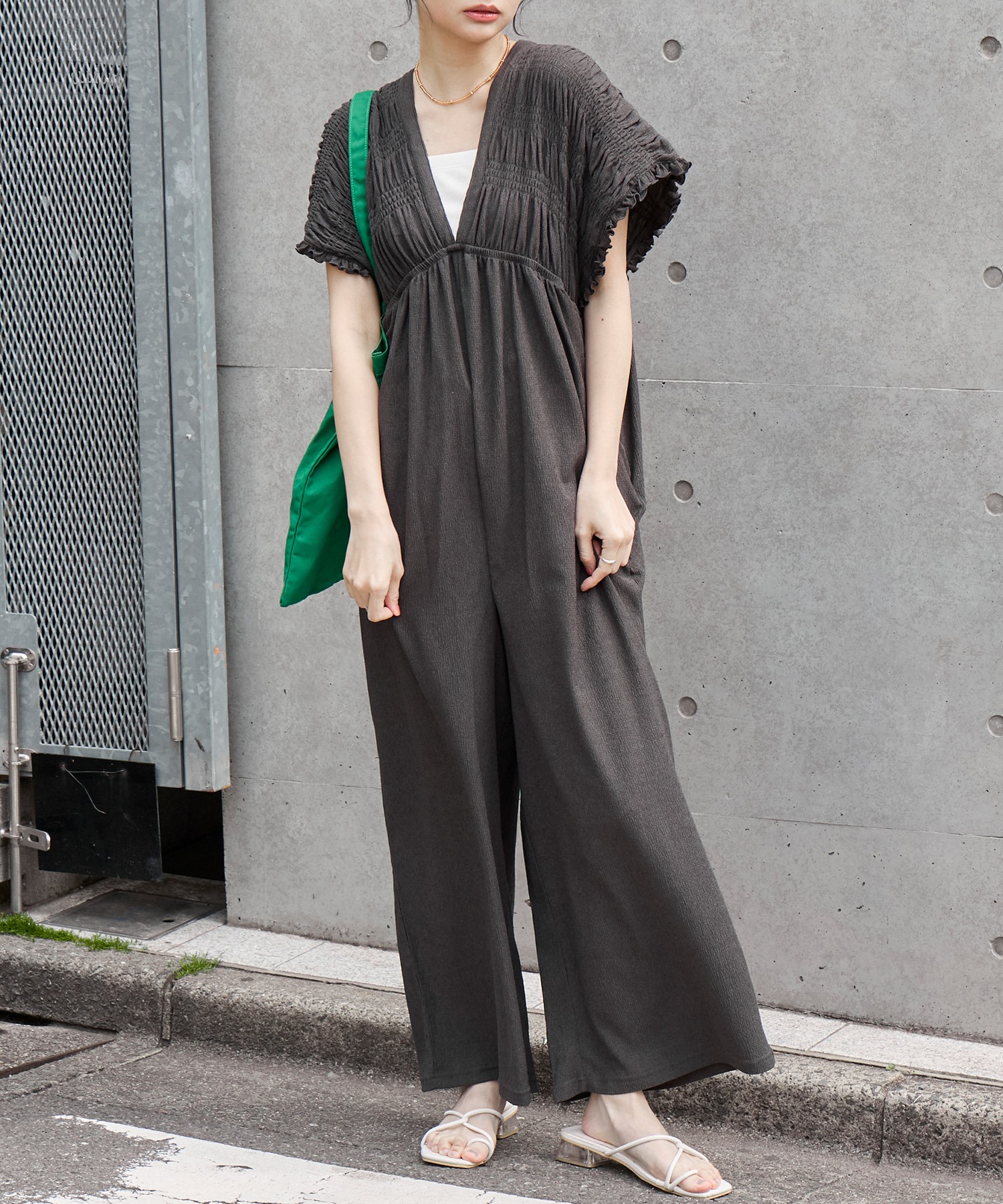 AIRY DAYシリーズ】シャーリング フリル カット楊柳 オールインワン
