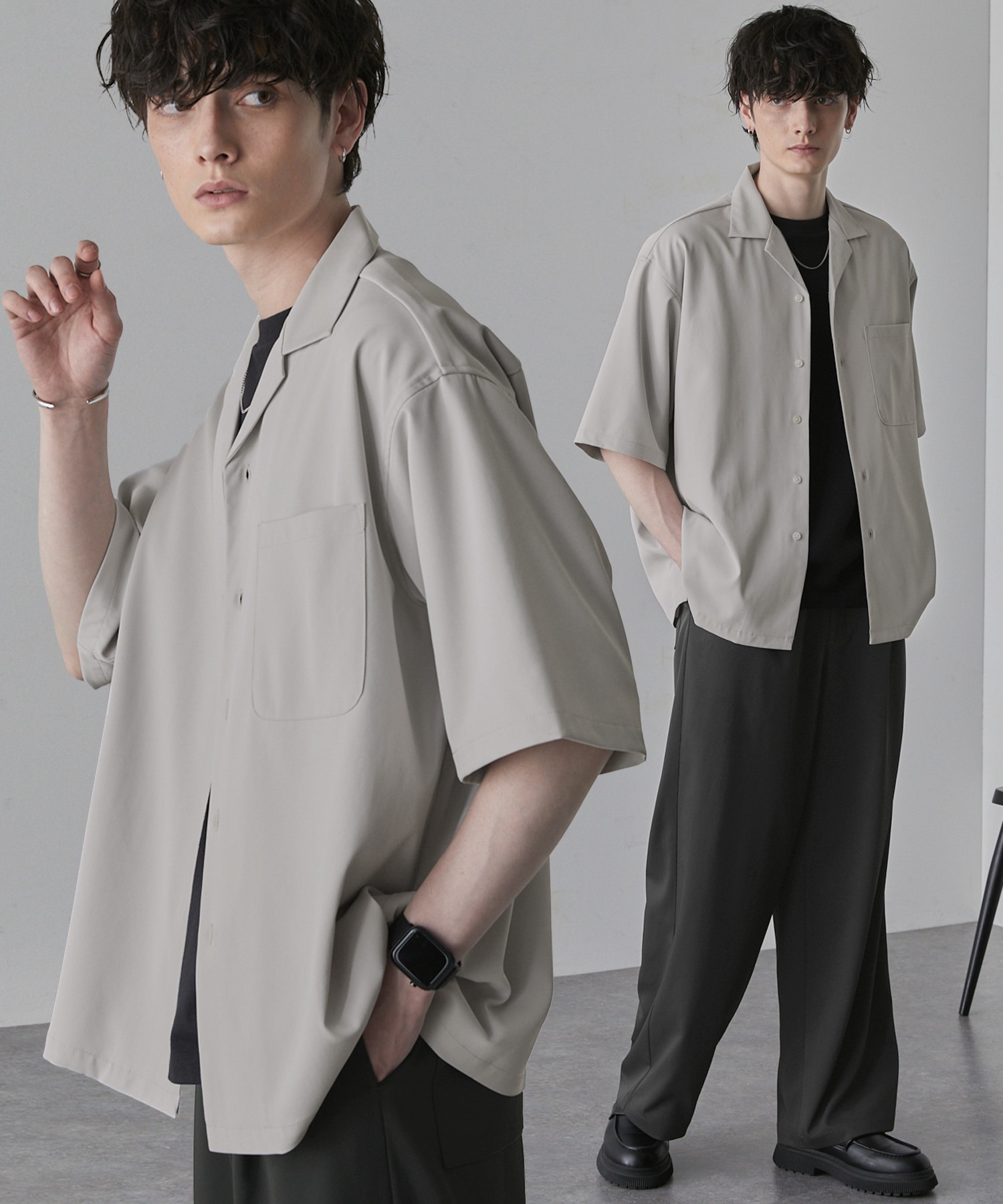 【セットアップ】綾トロミ オーバーサイズ 半袖オープンカラーシャツ＋ワイドイージーパンツ