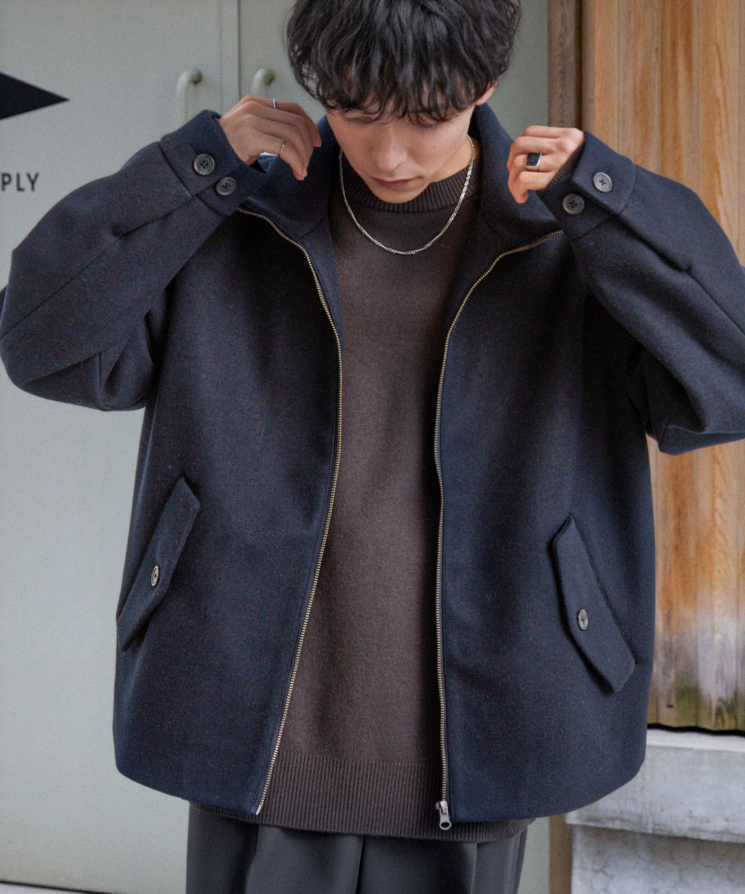 テックメルトン スタンドカラー ショートコートジップアップブルゾン