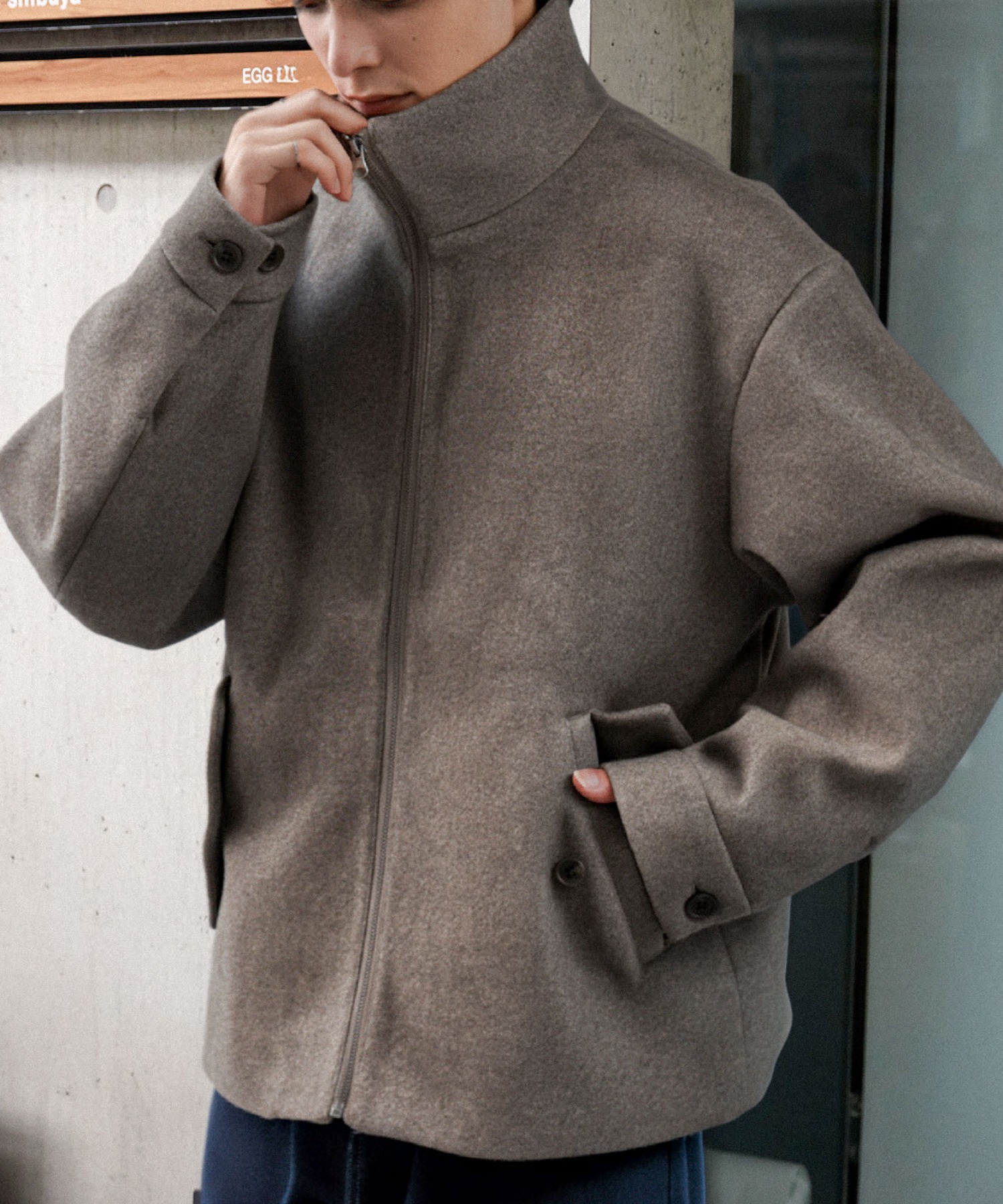 テックメルトン スタンドカラー ショートコートジップアップブルゾン