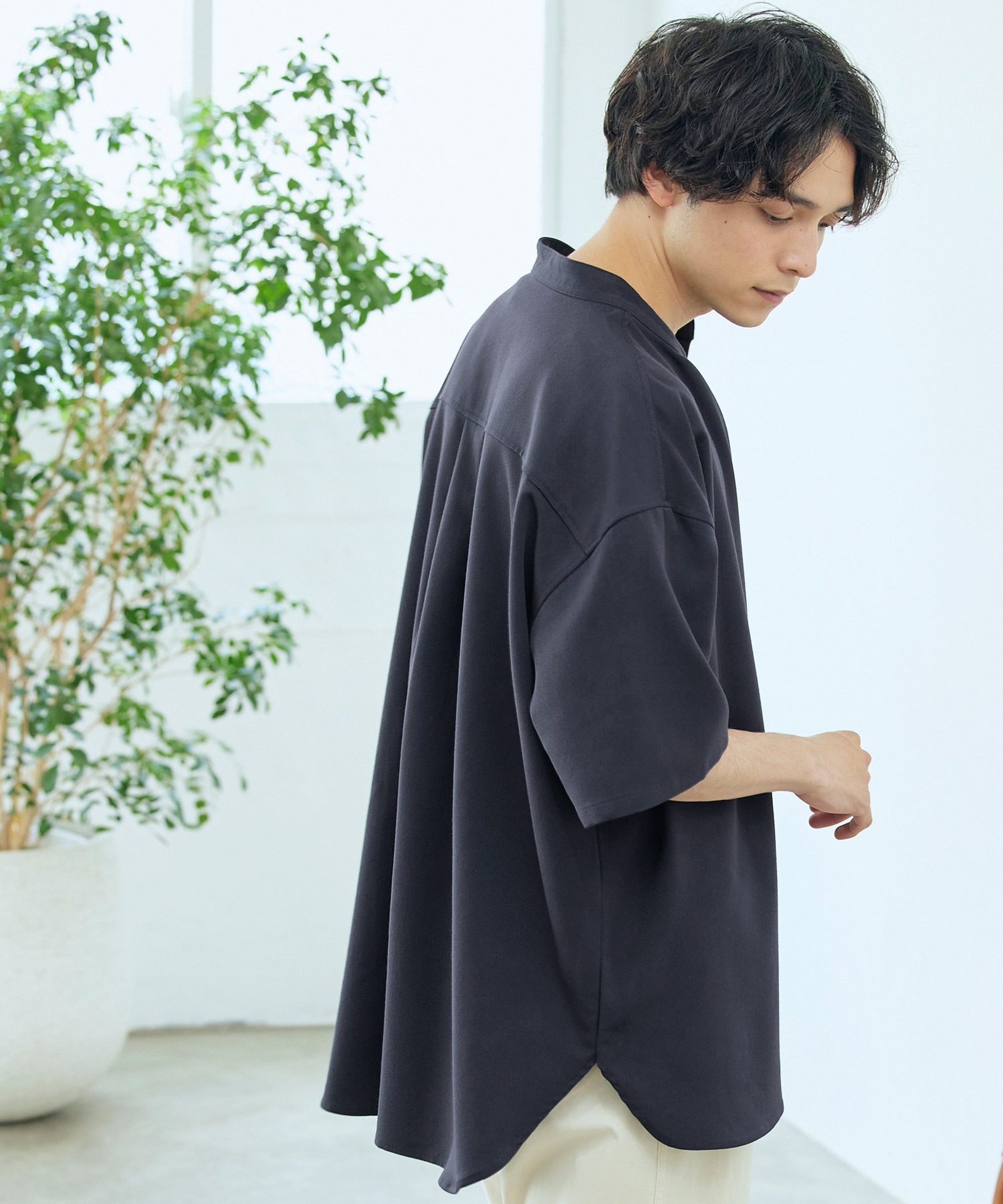 Trストレッチ オーバーボックス ビッグシルエット バンドカラーシャツ 1 2 Sleeve Mono Mart Mono Mart モノマート 公式オンラインストア