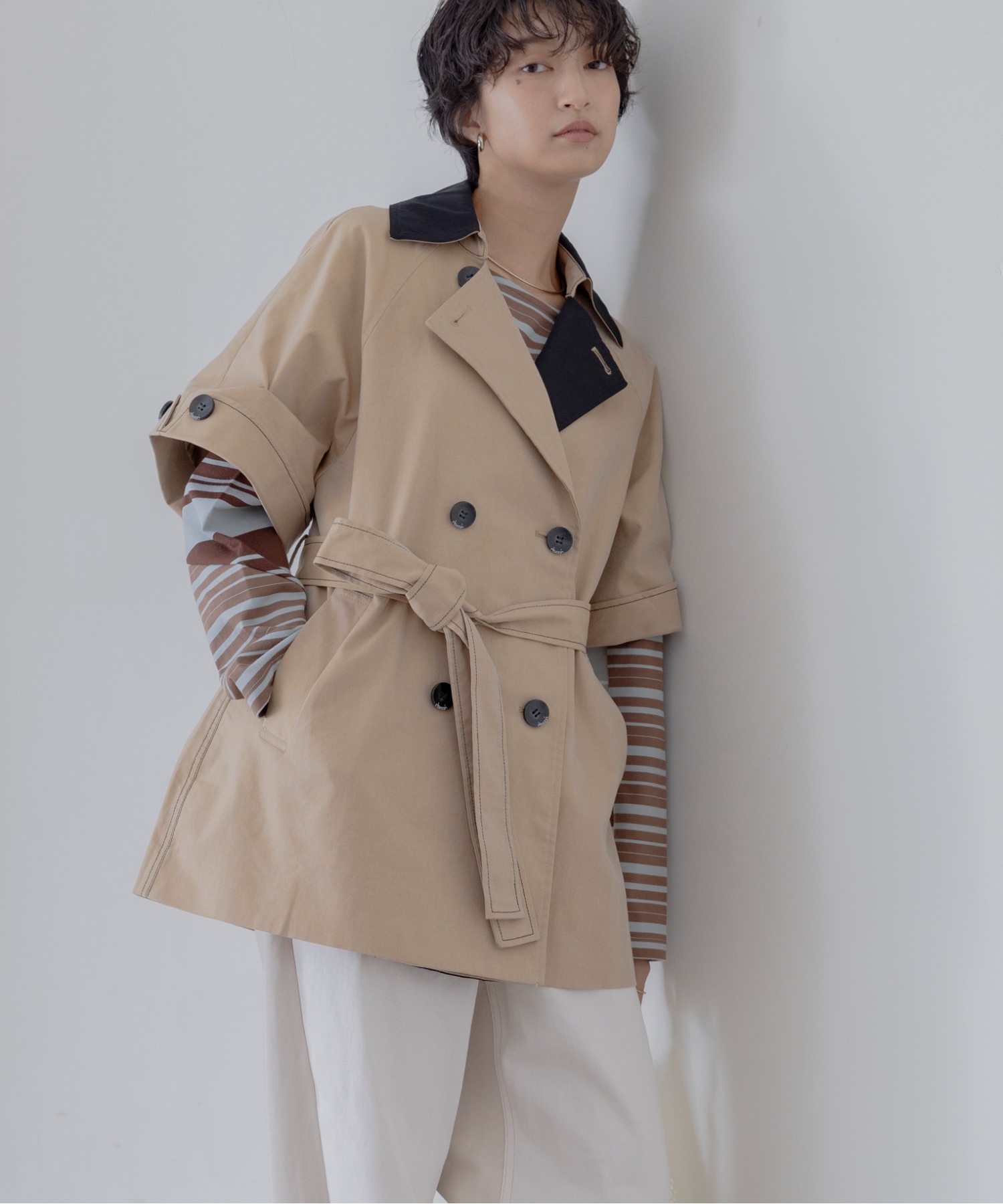 新品　今季　エイミーロウ　ハーフスリーブチェックトレンチコート　ブラック Eimee Law（エイミーロウ） トレンチコート コート ハーフスリーブ